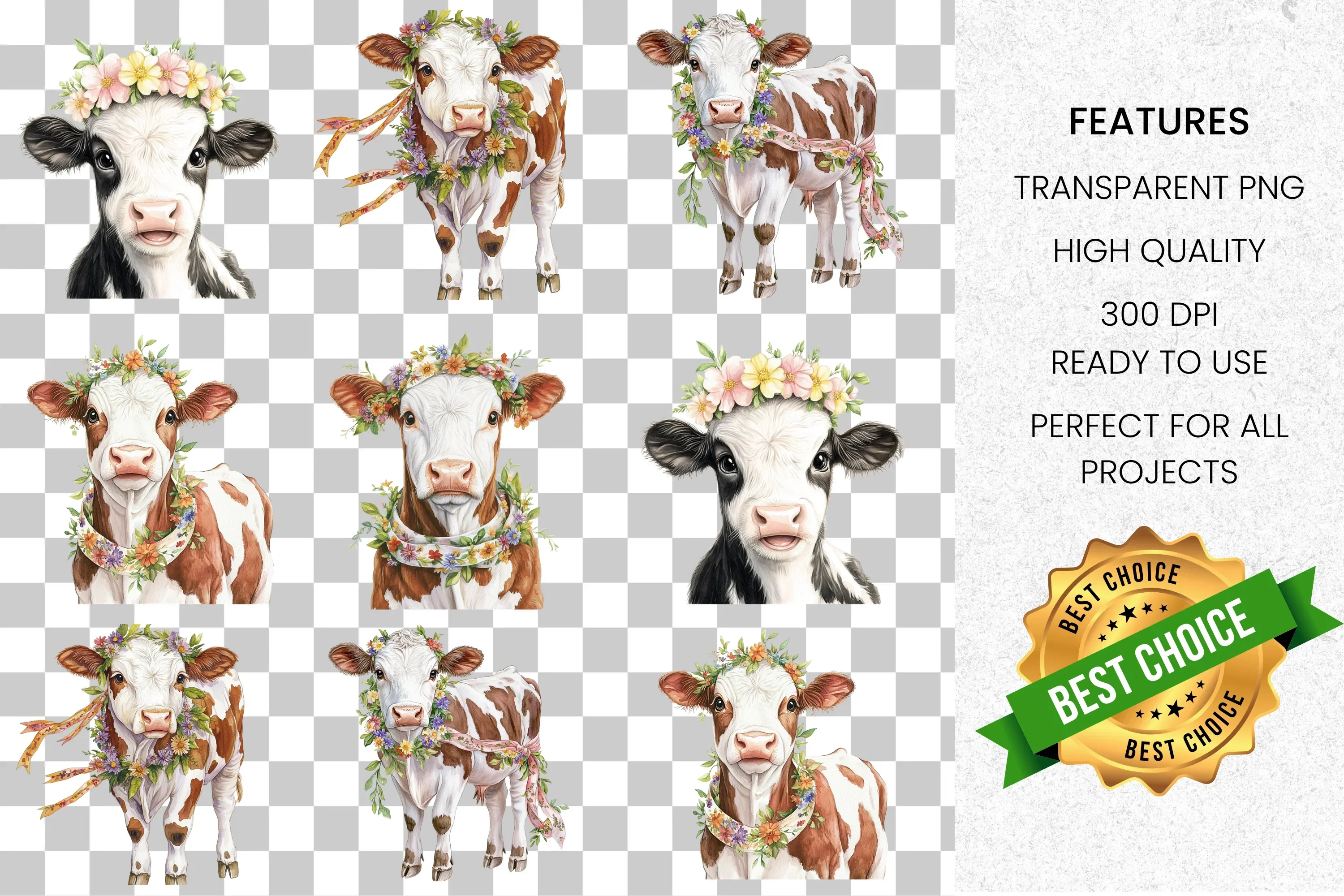 Adorable Floral Cow Clipart Bundle - Image 8