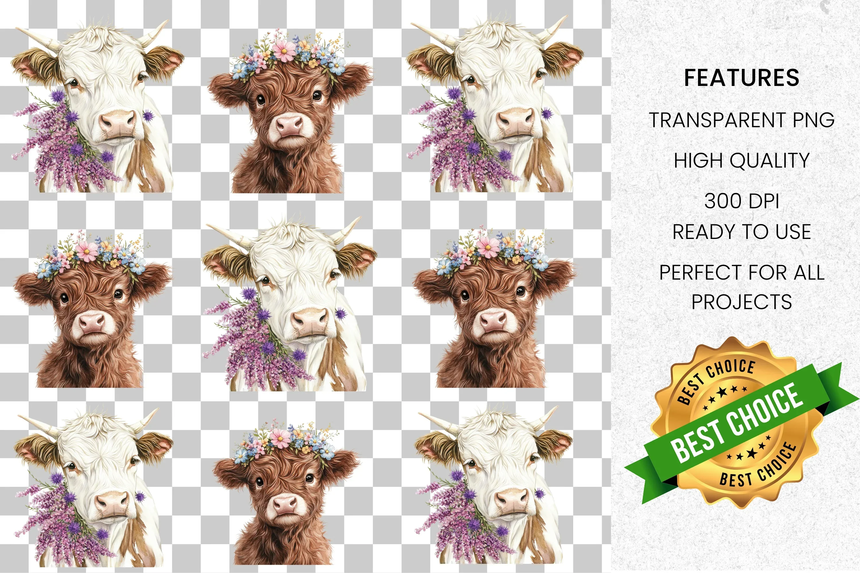 Adorable Highland Cows with Flowers Clipart Bundle - Image 2
