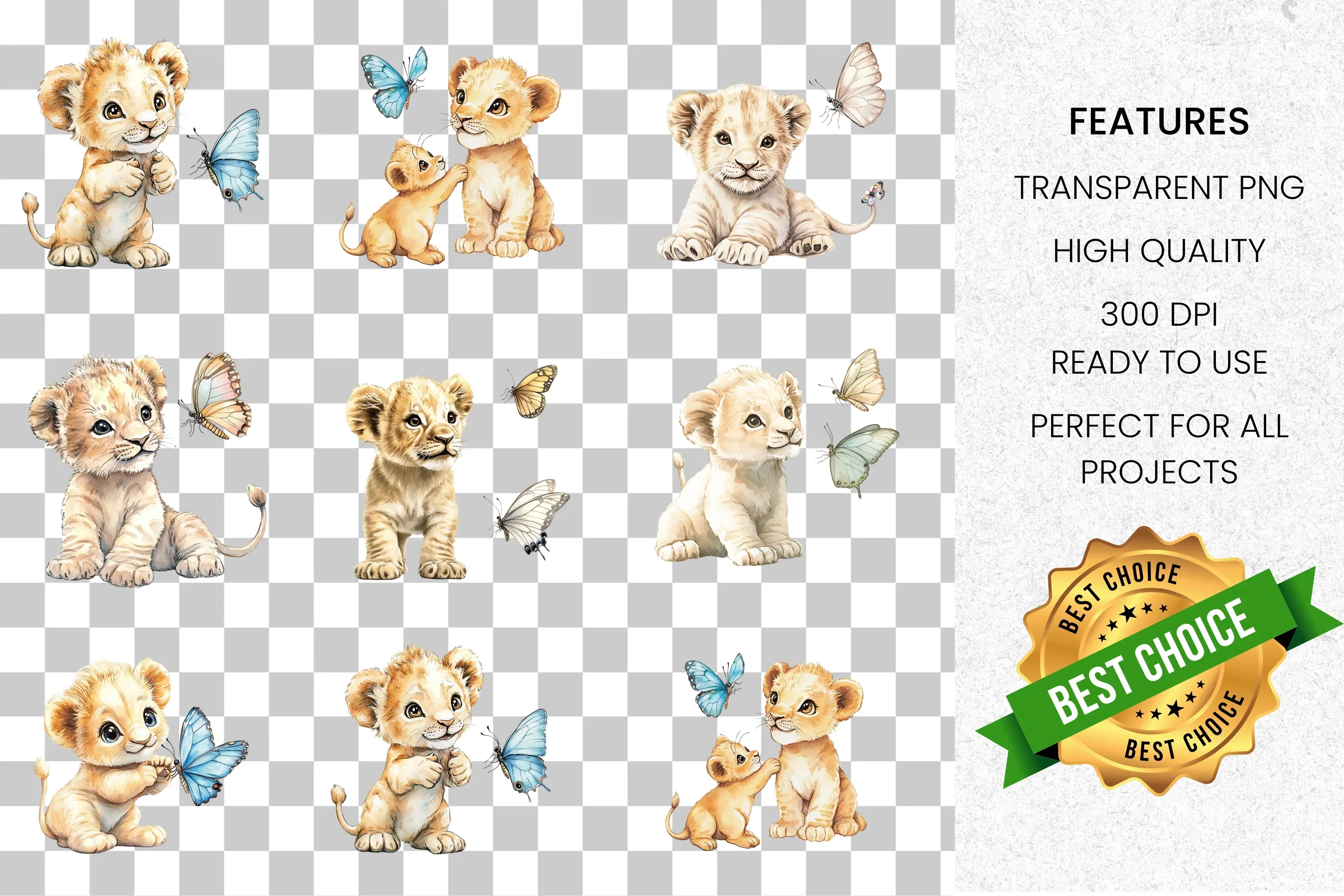 Adorable Lion Cub Butterfly Clipart Bundle - Image 2