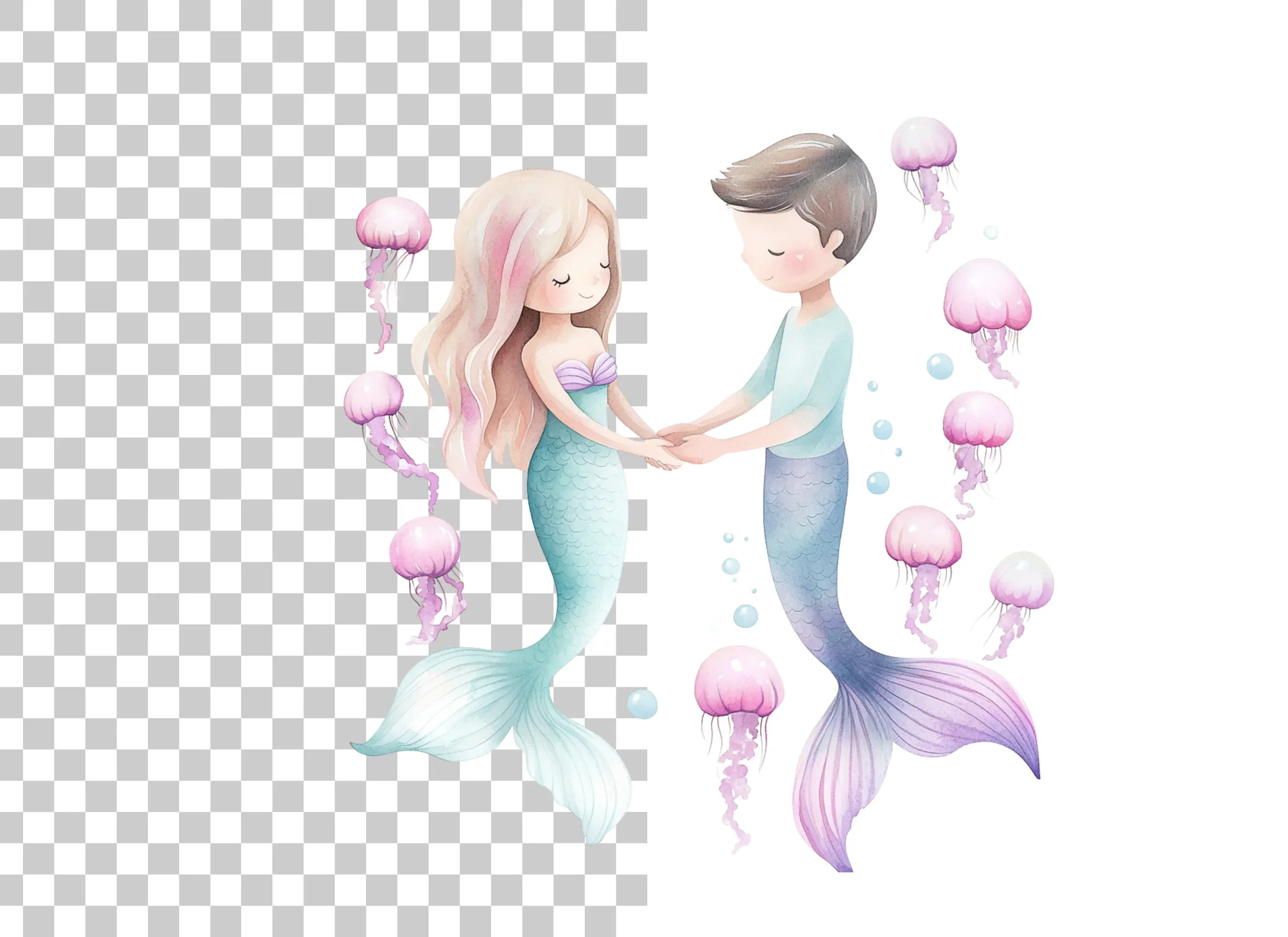 Adorable Mermaid Couple with Jellyfish Clipart Bundle - Image 2