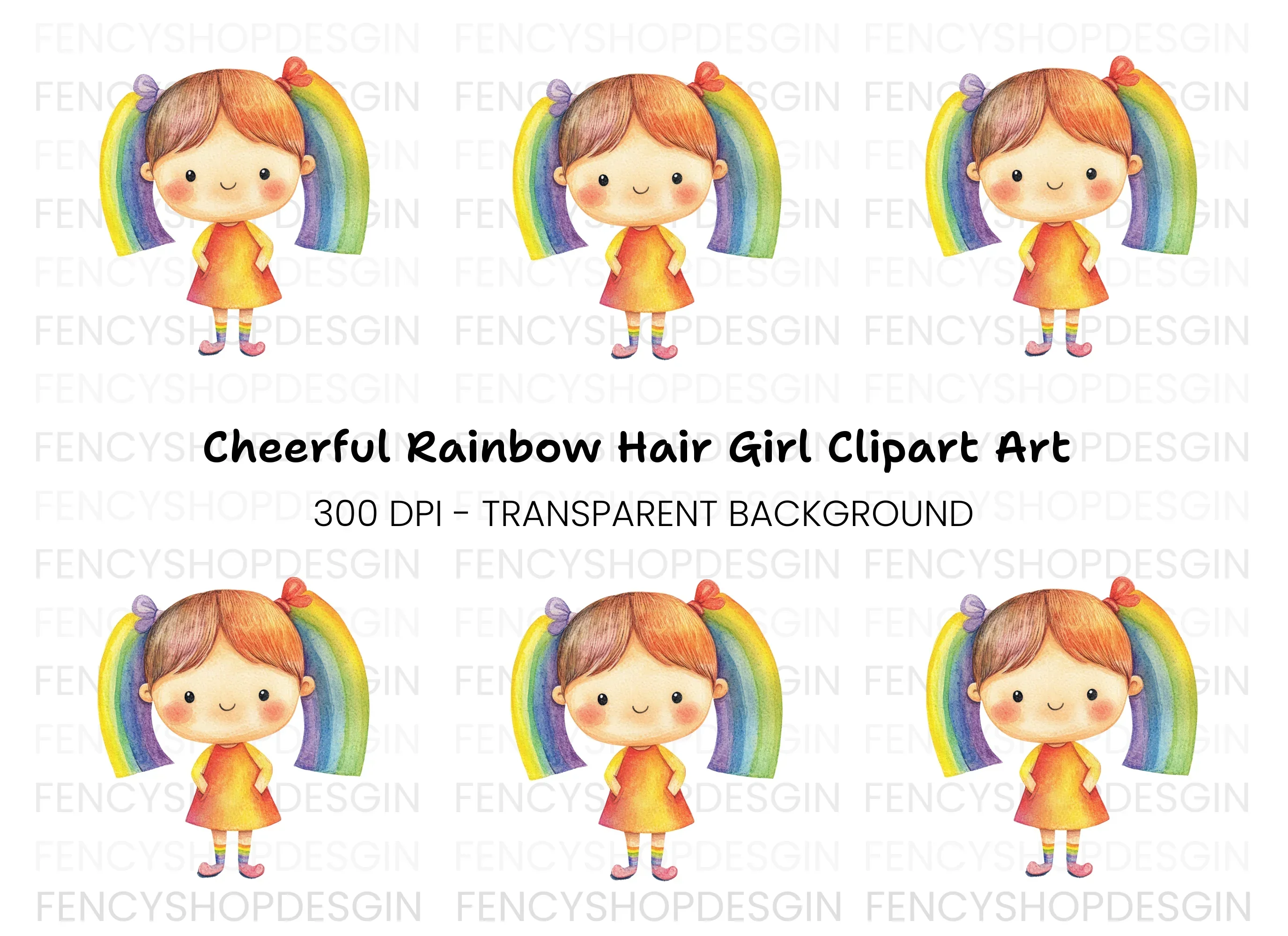 Adorable Rainbow Pigtails Girl Clipart Bundle