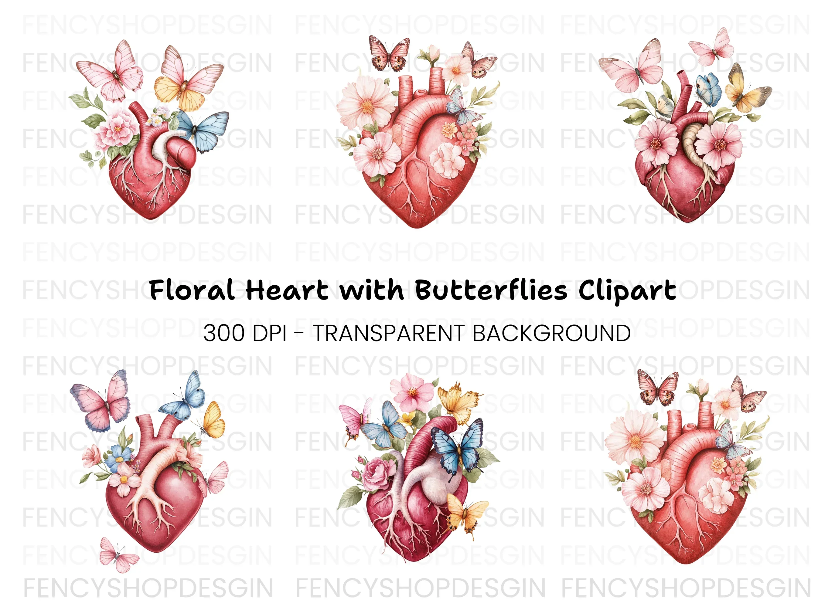 Anatomical Heart with Butterflies Clipart Bundle