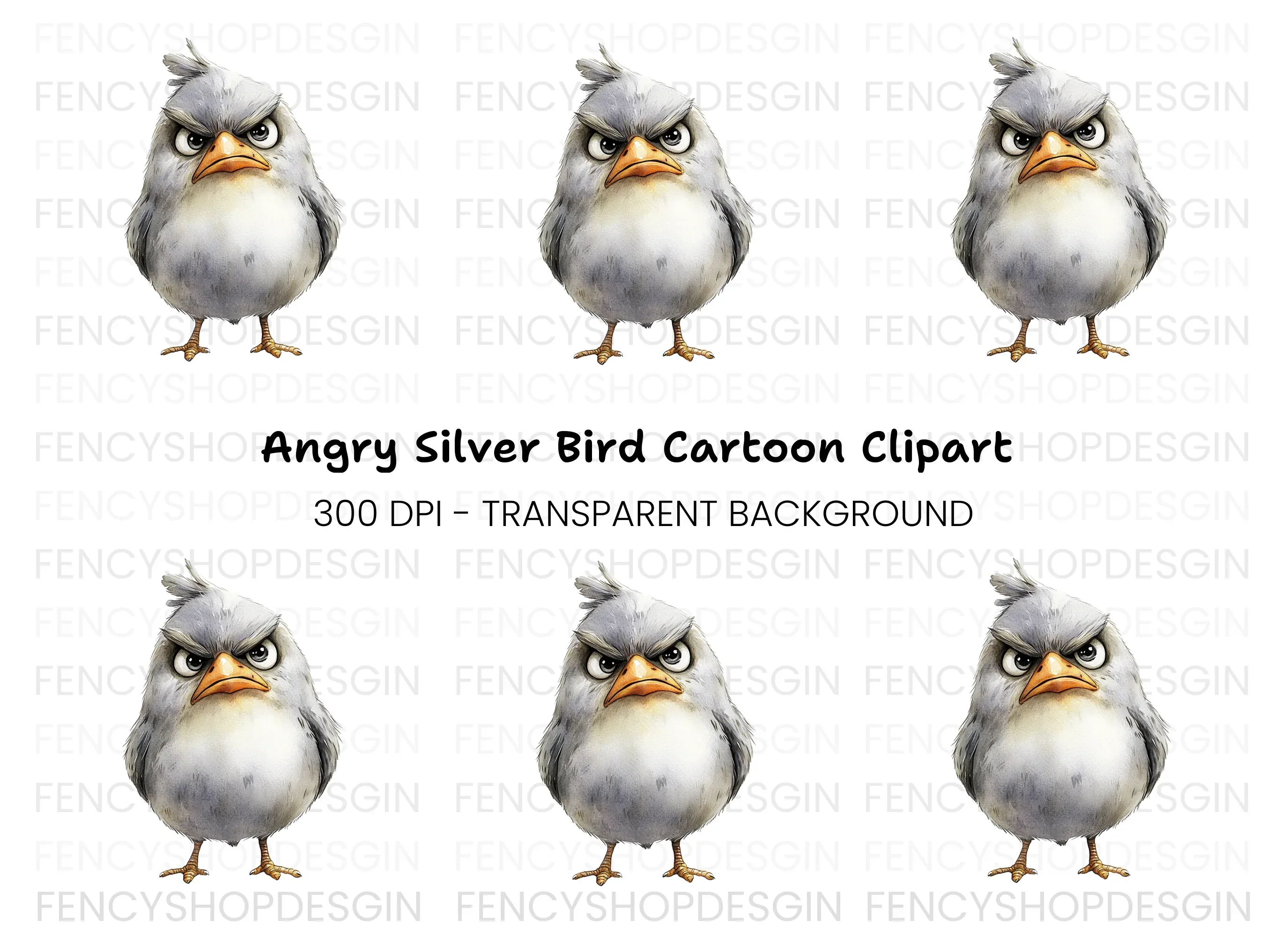 Angry Grey Bird Cartoon Clipart Bundle
