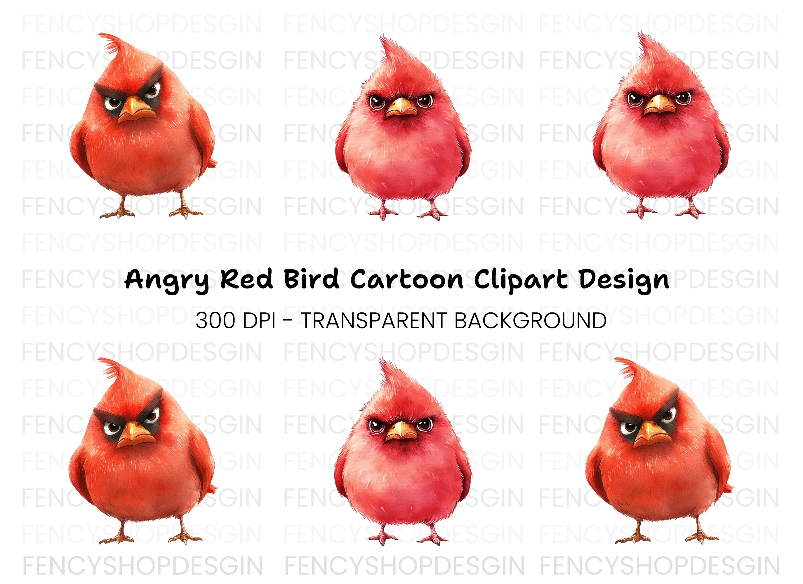 Angry Red Cardinal Bird Clipart Bundle