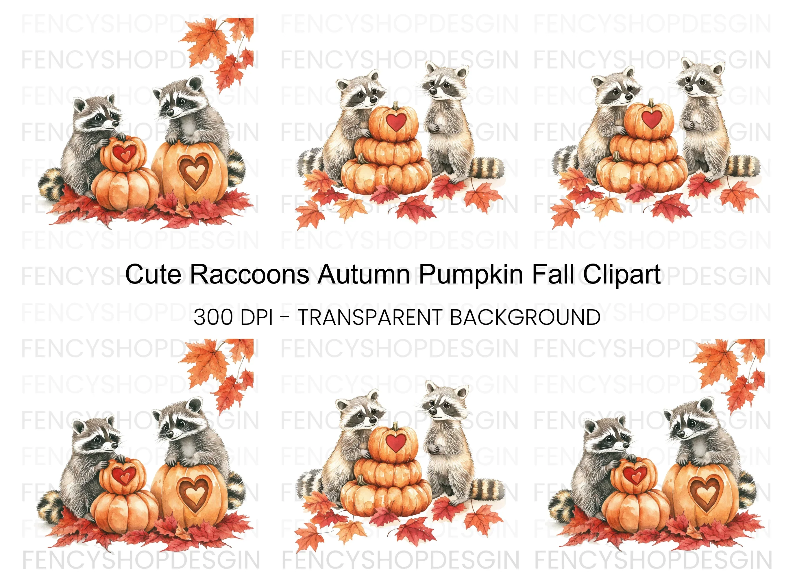 Autumn Raccoons with Pumpkin Clipart Bundle