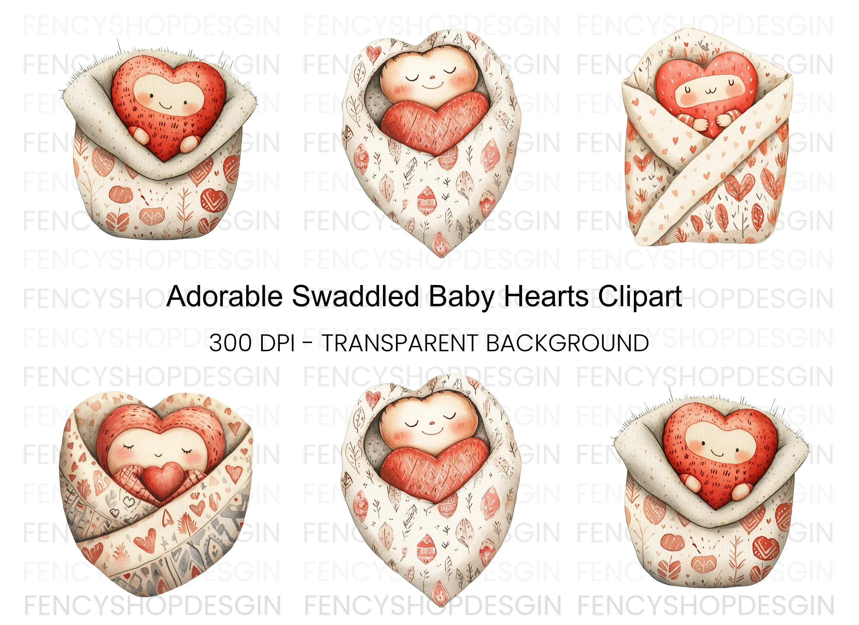 Baby Heart Swaddle Clipart Bundle