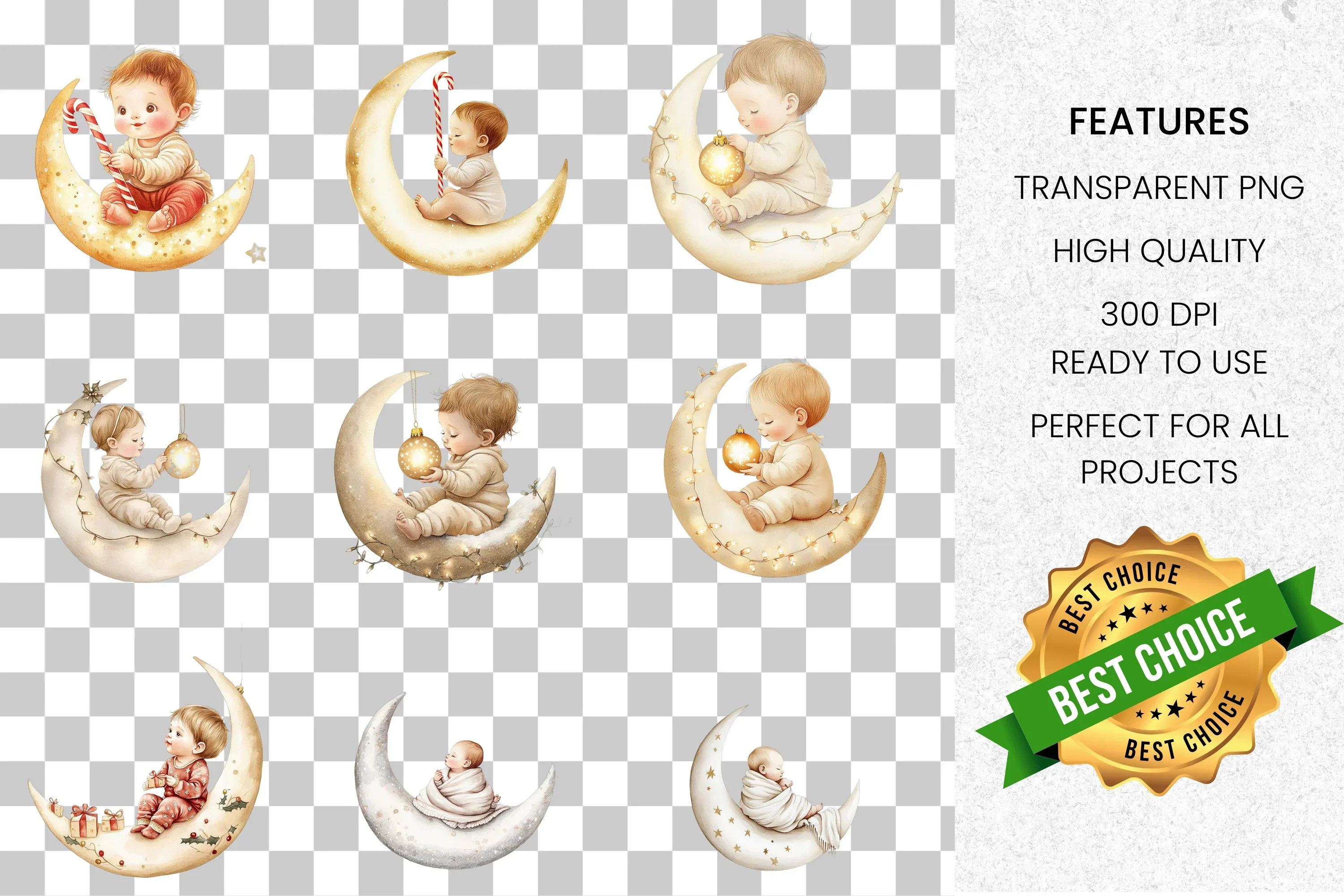 Baby on Moon Christmas Clipart Bundle - Image 2