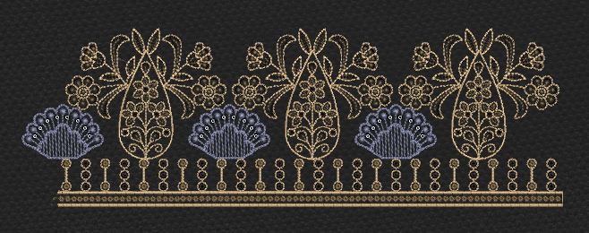 Black Gold Tulip Peacock Hem Border Black Gold & Slate Blue Embroidery Design