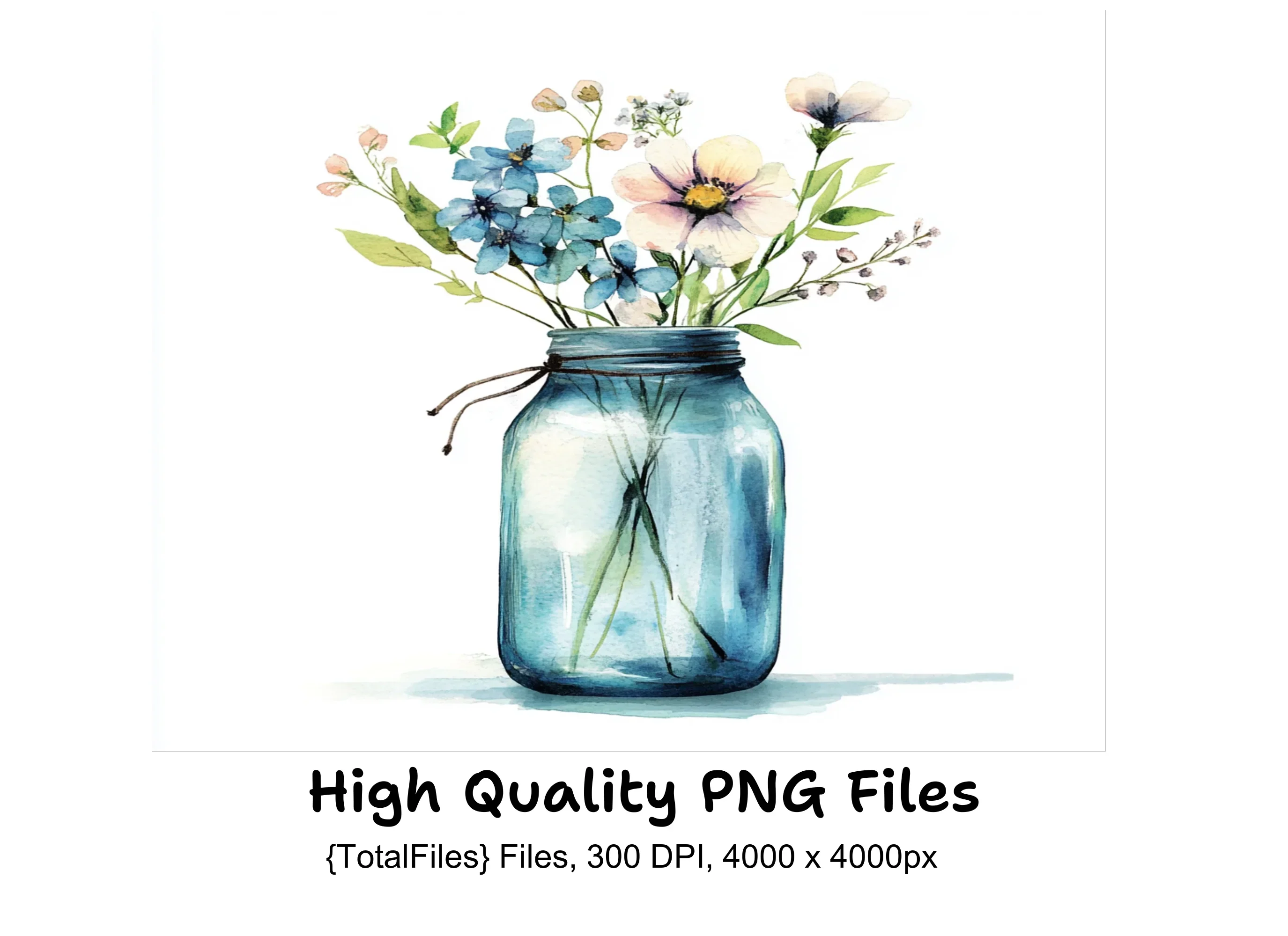 Blue and White Floral Mason Jar Clipart Bundle