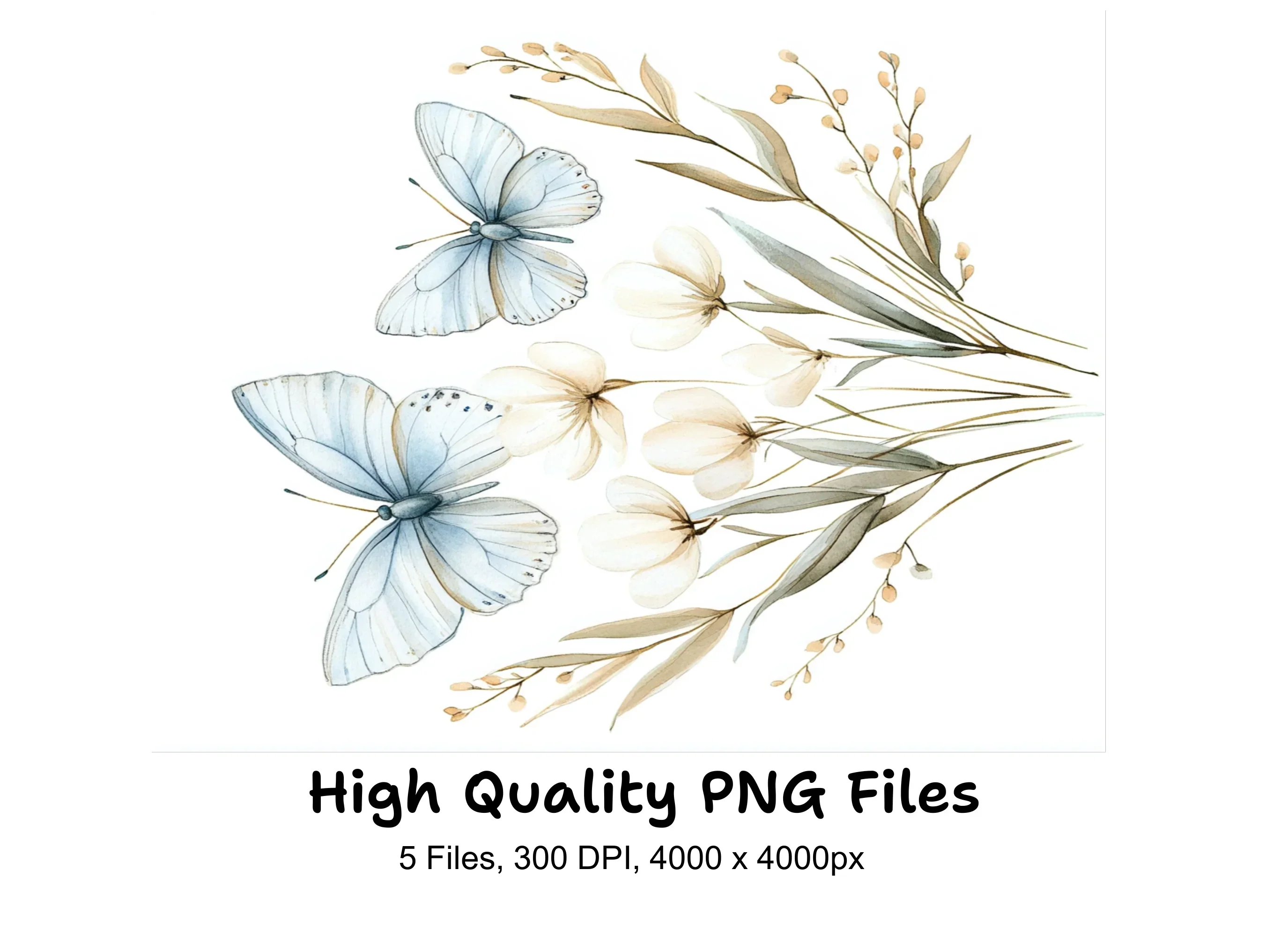 Blue Butterfly Floral Clipart Bundle