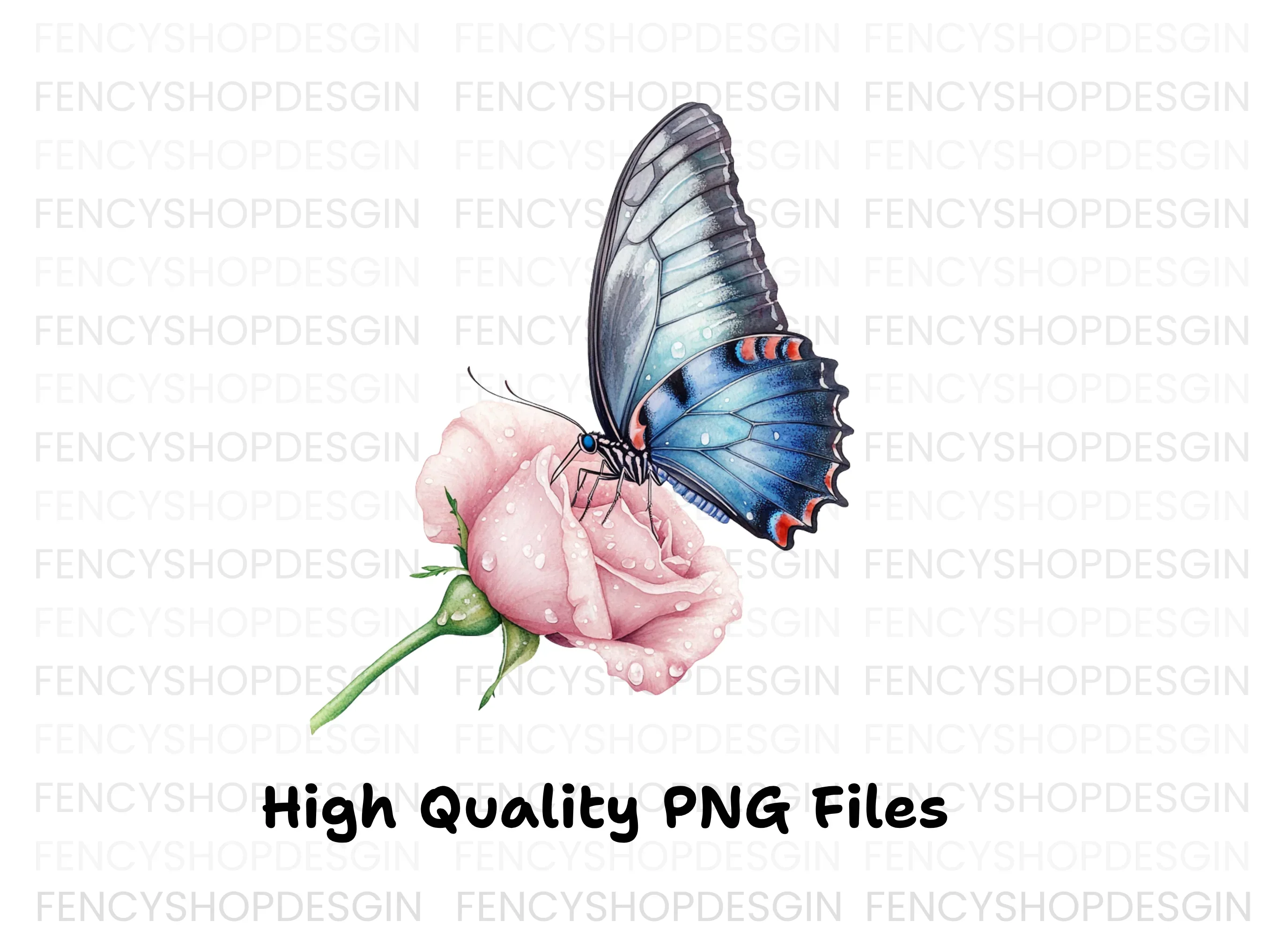 Blue Butterfly Pink Rose Clipart Bundle - Image 2