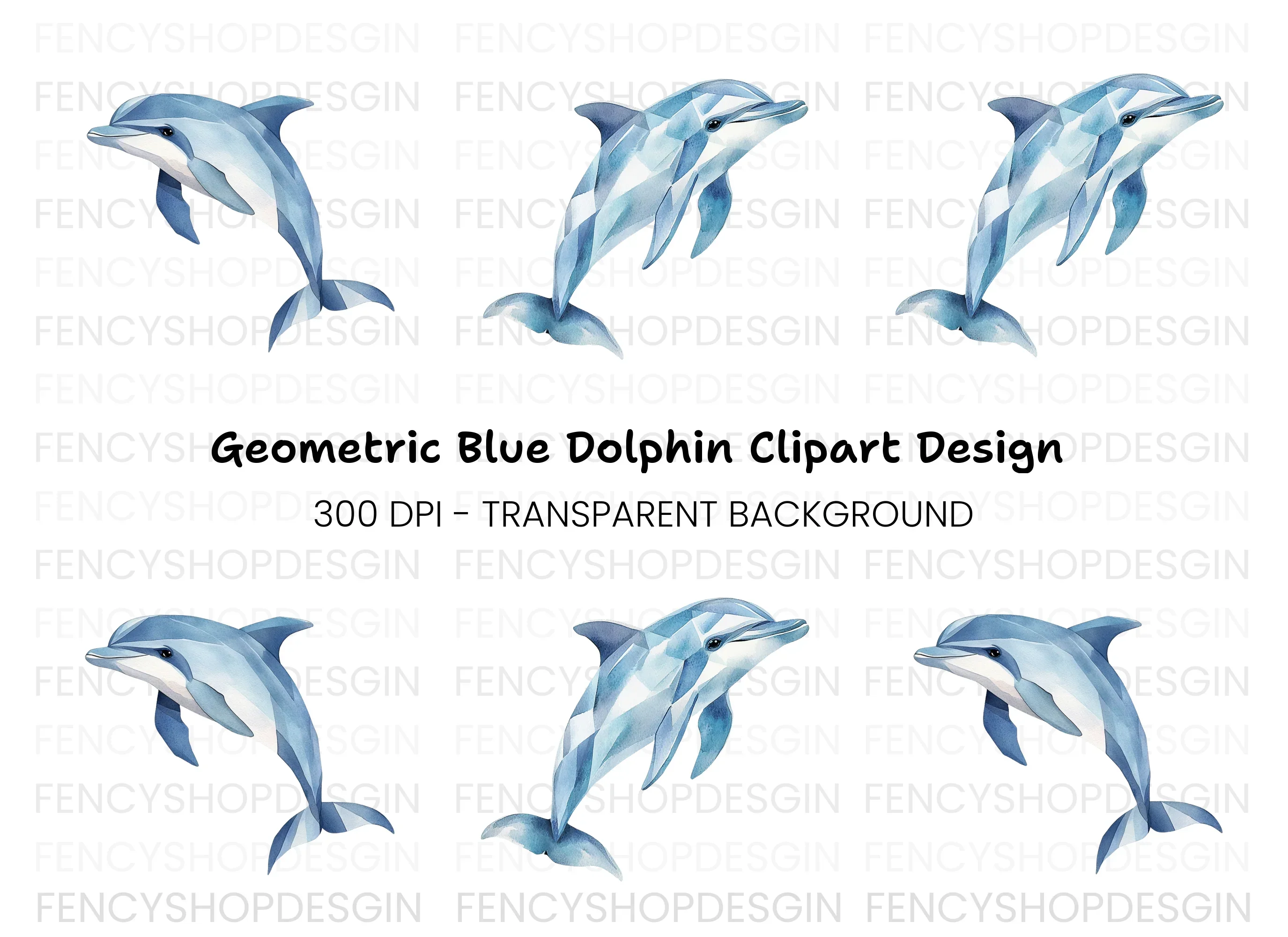 Blue Geometric Dolphin Clipart Bundle
