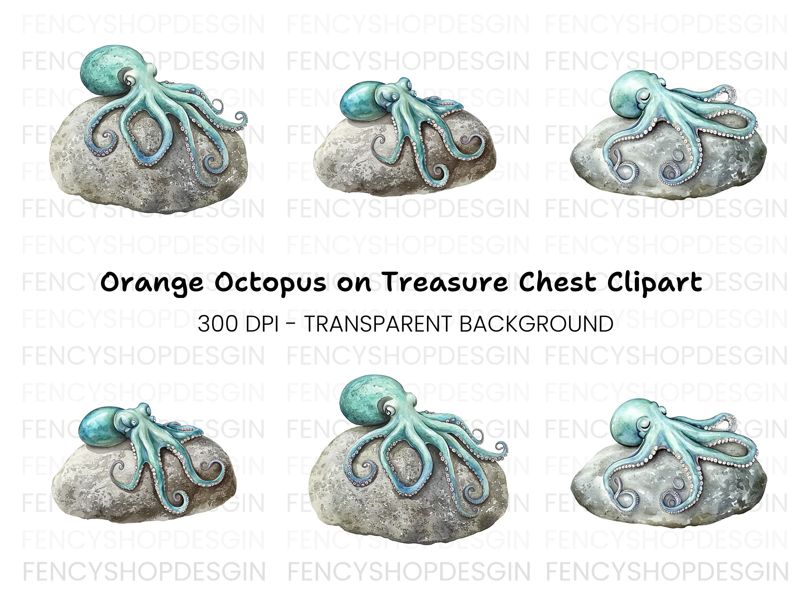 Blue Octopus on Rock Clipart Bundle