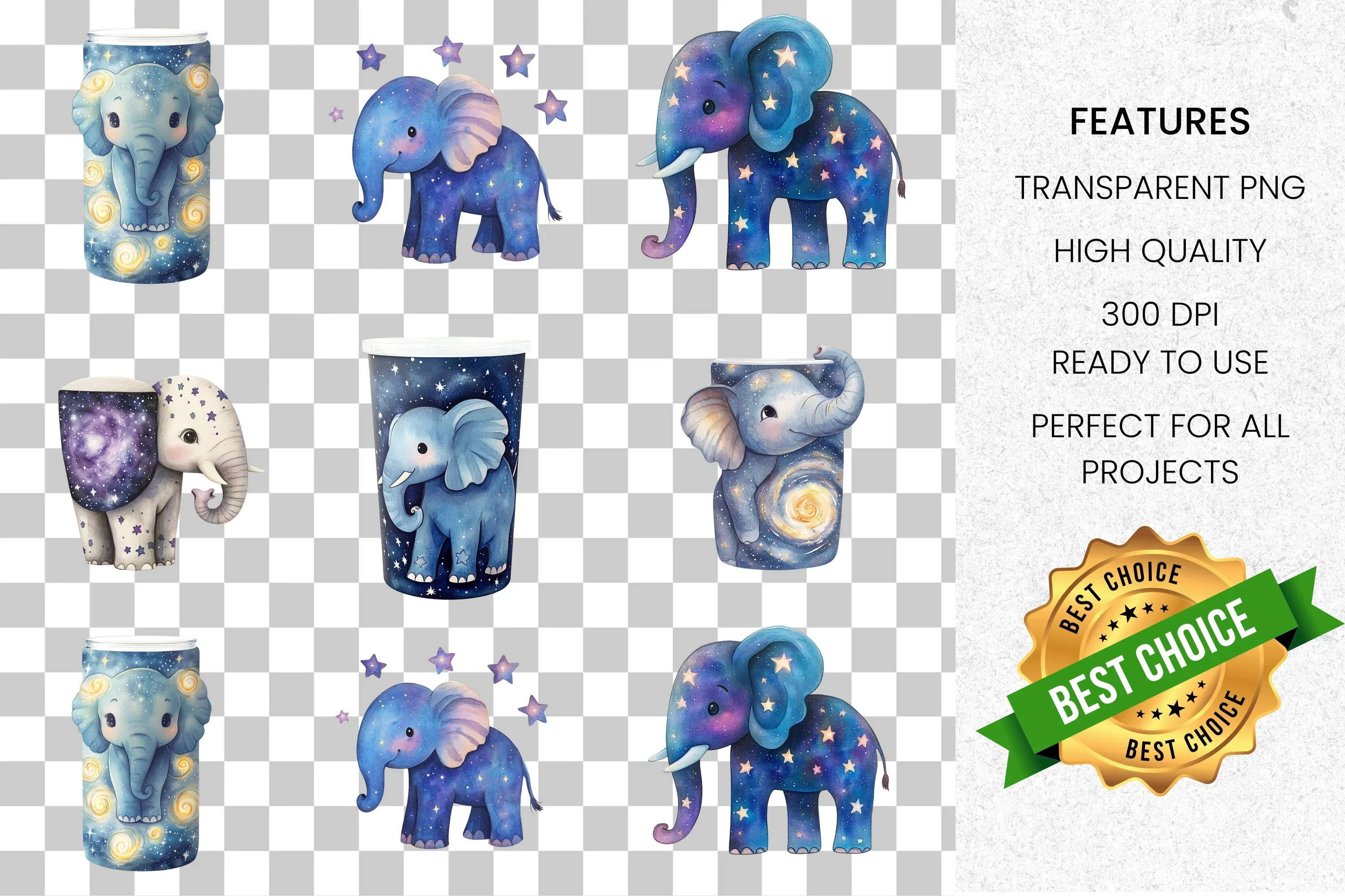 Blue Starry Elephant Jar Clipart Bundle - Image 2