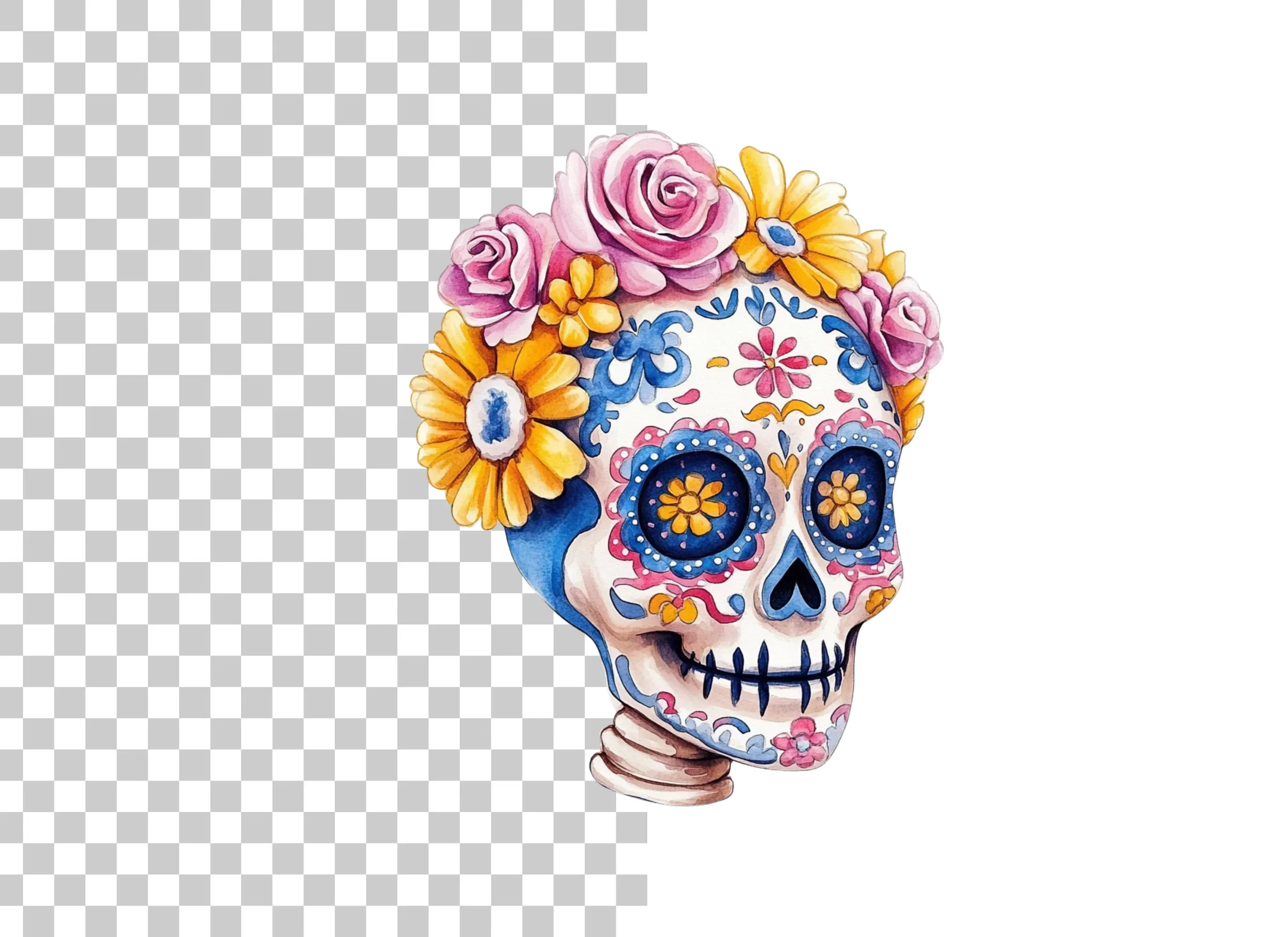 Blue Sugar Skulls with Flowers Clipart Bundle - Image 6