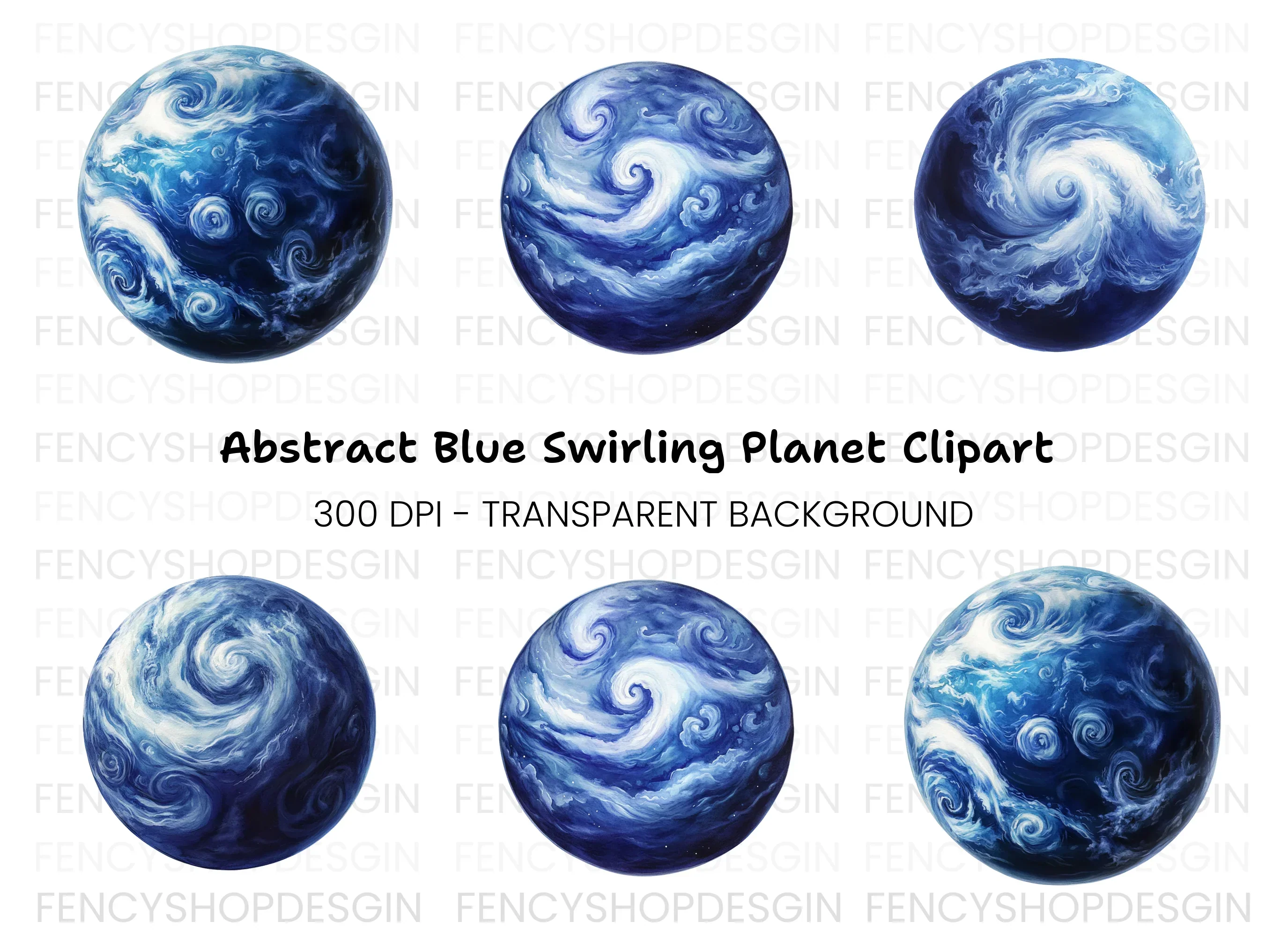 Blue Swirling Abstract Planet Clipart Bundle