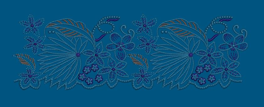 Blue Tropical Leaf and Floral Border Embroidery Design