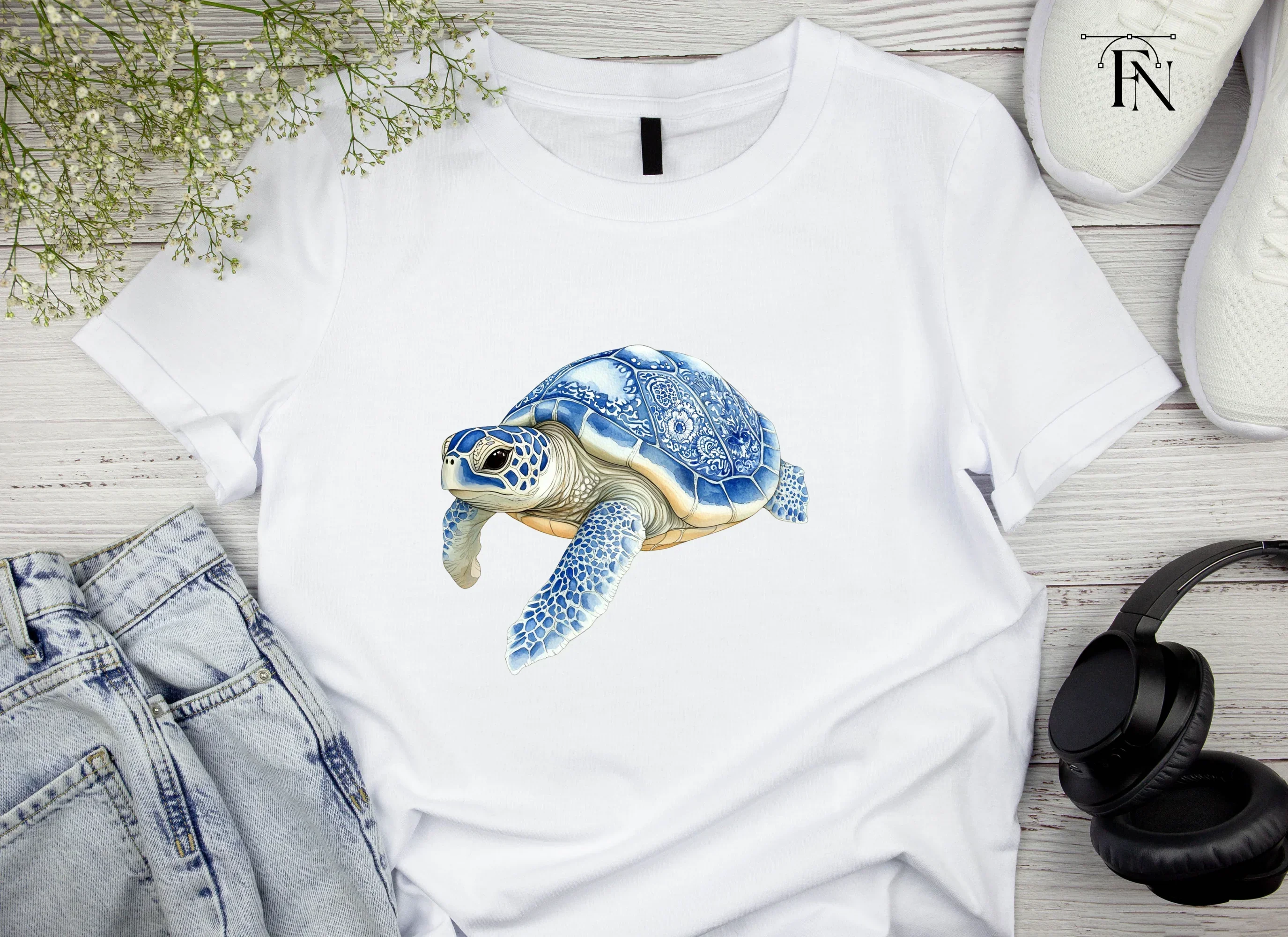 Blue White Chinoiserie Sea Turtles Clipart Bundle - Image 5