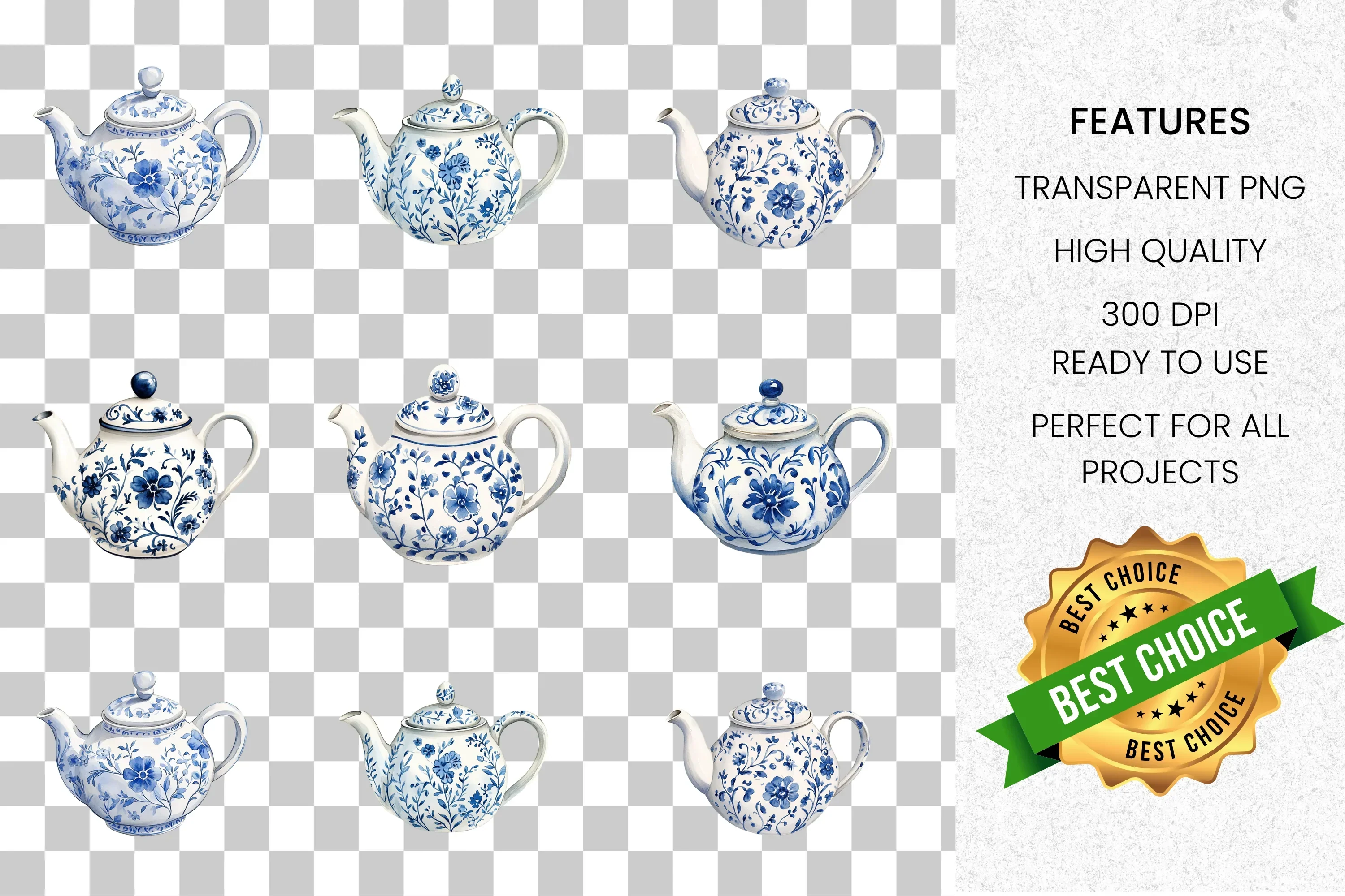 Blue White Floral Teapot Clipart Bundle - Image 2