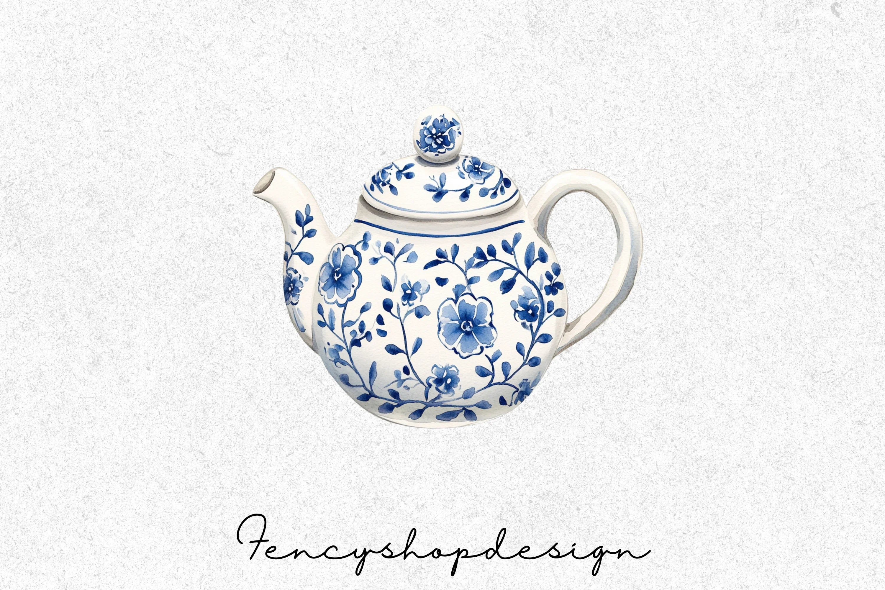 Blue White Floral Teapot Clipart Bundle - Image 4