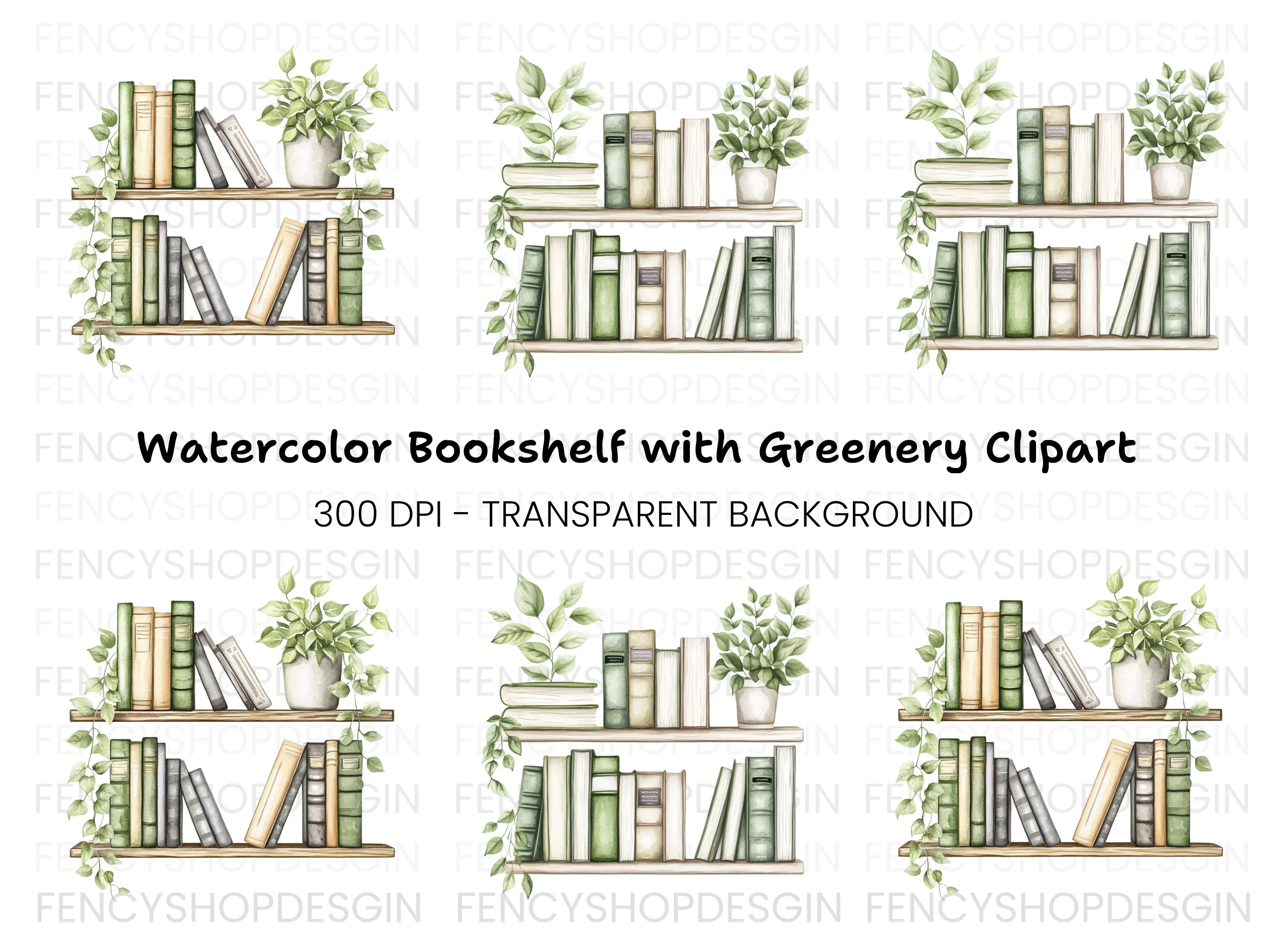 Bookshelf with Green Plants Clipart Bundle