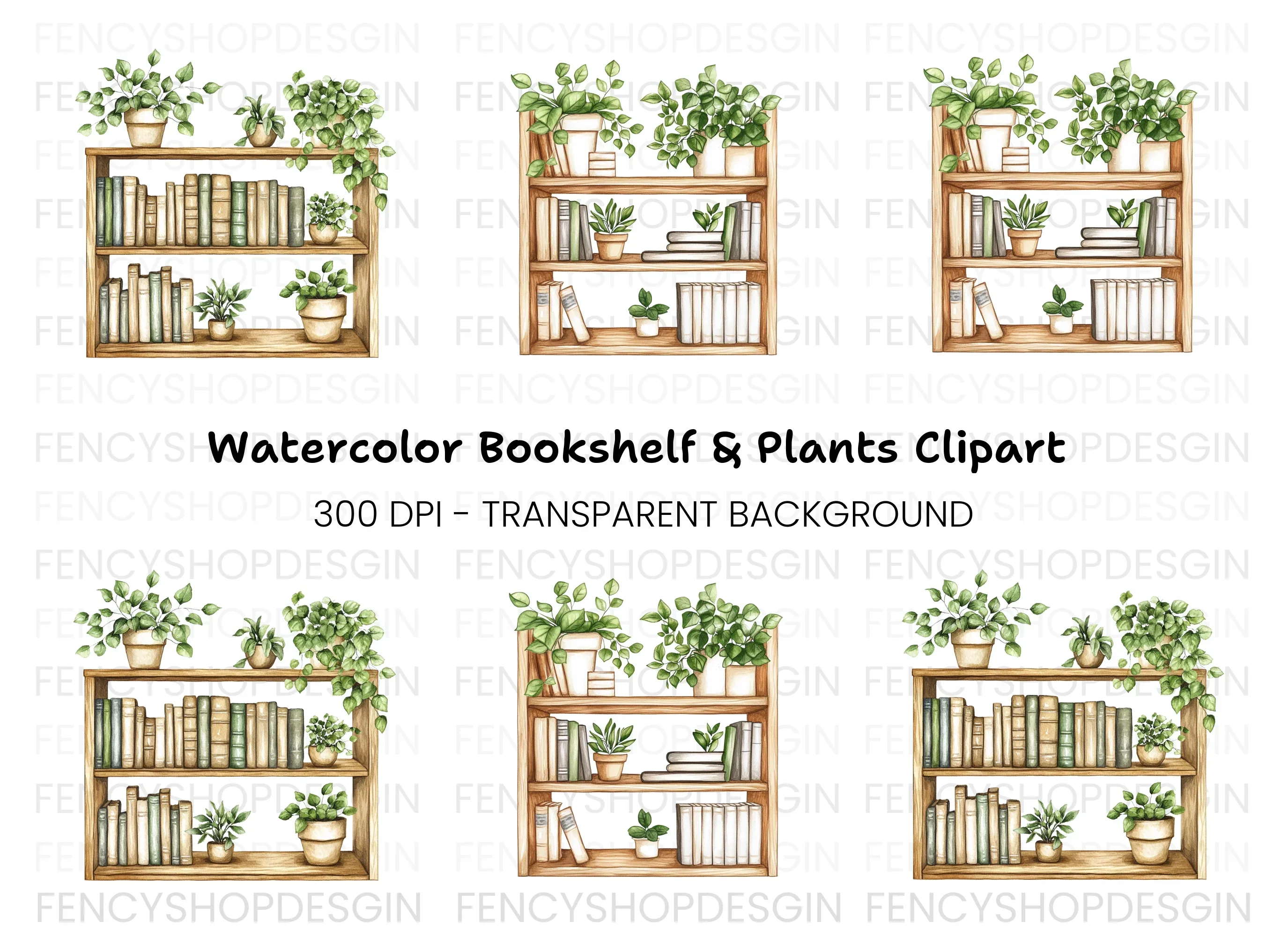 Bookshelf with Potted Plants Clipart Bundle