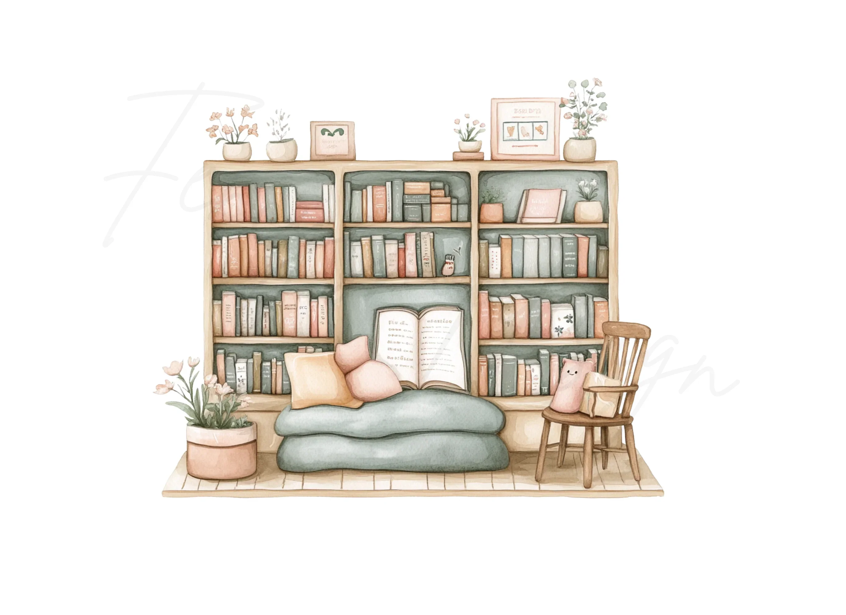 Bookshelf with Reading Cat Clipart Bundle - Image 3