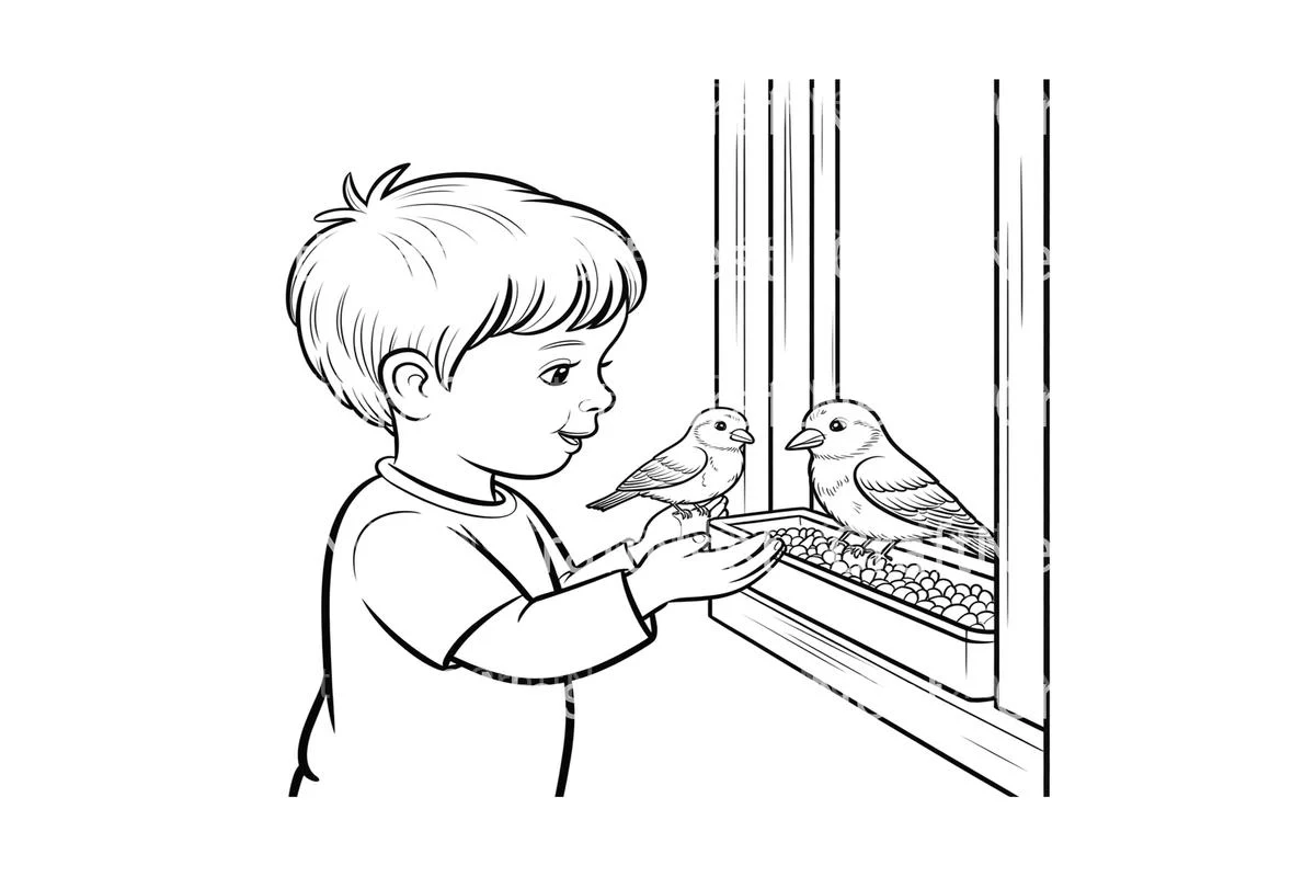 Boy Feeding Birds in Winter Coloring Books - Image 3