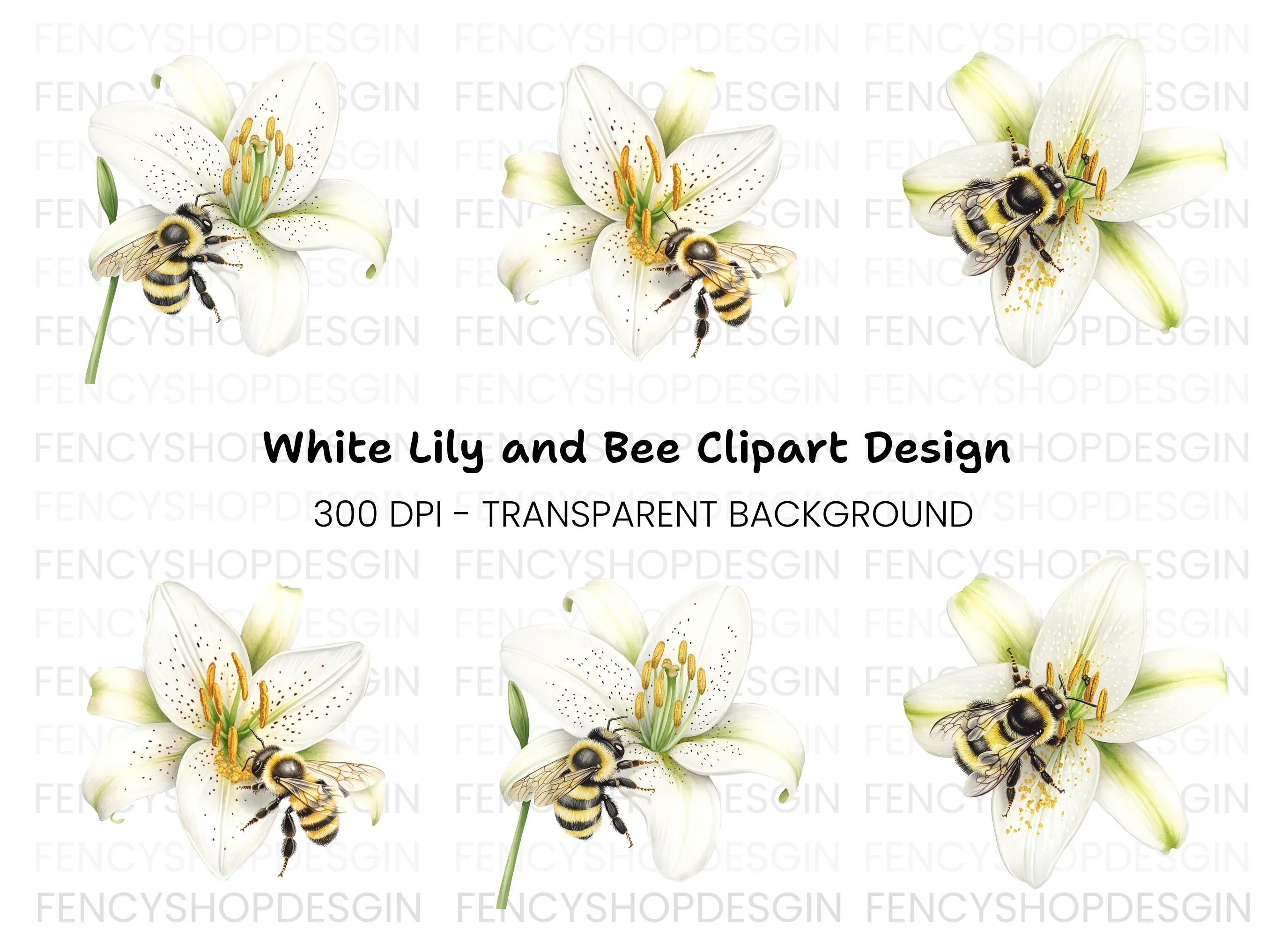 Bumblebees on White Lilies Clipart Bundle