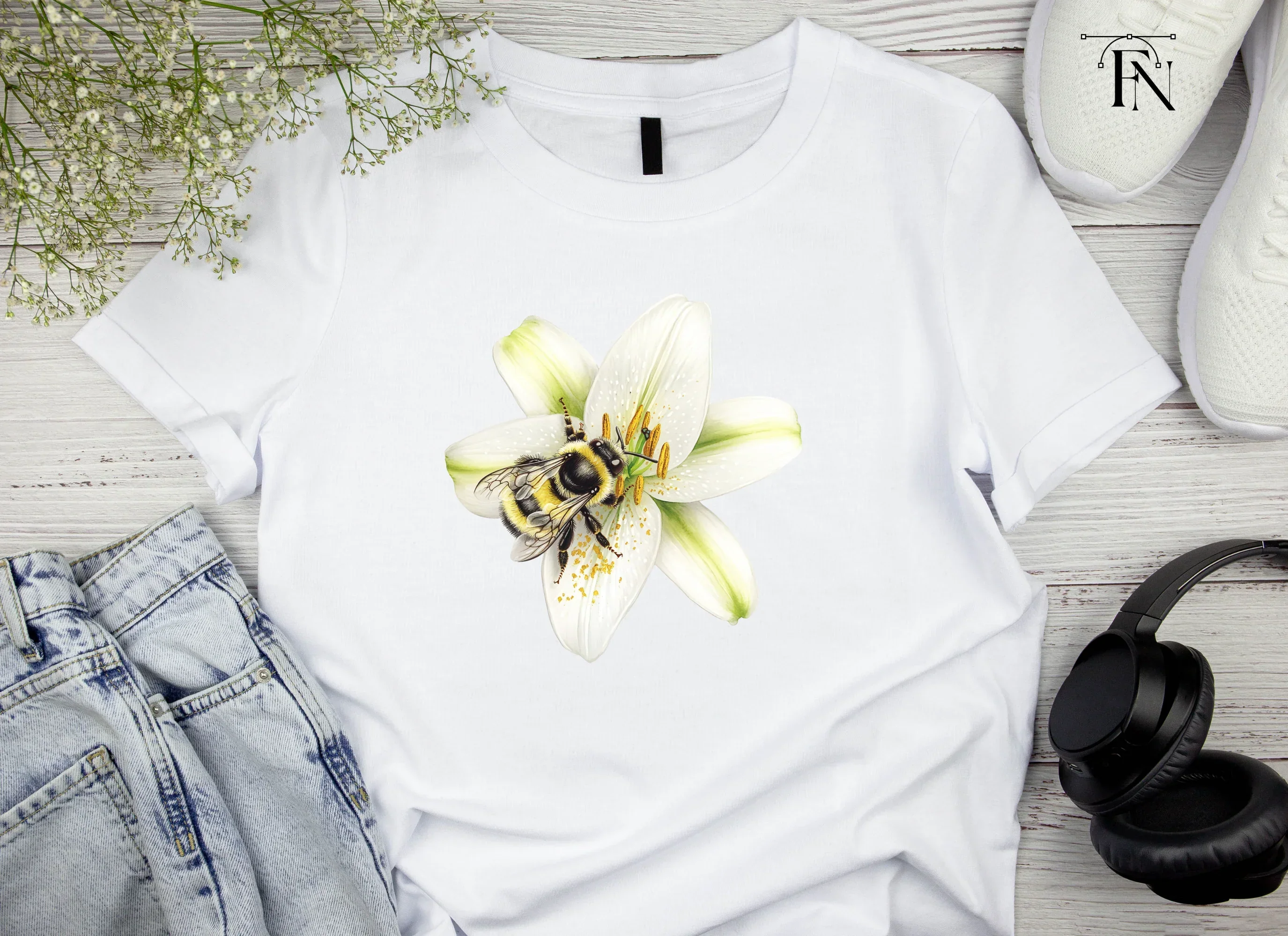 Bumblebees on White Lilies Clipart Bundle - Image 3