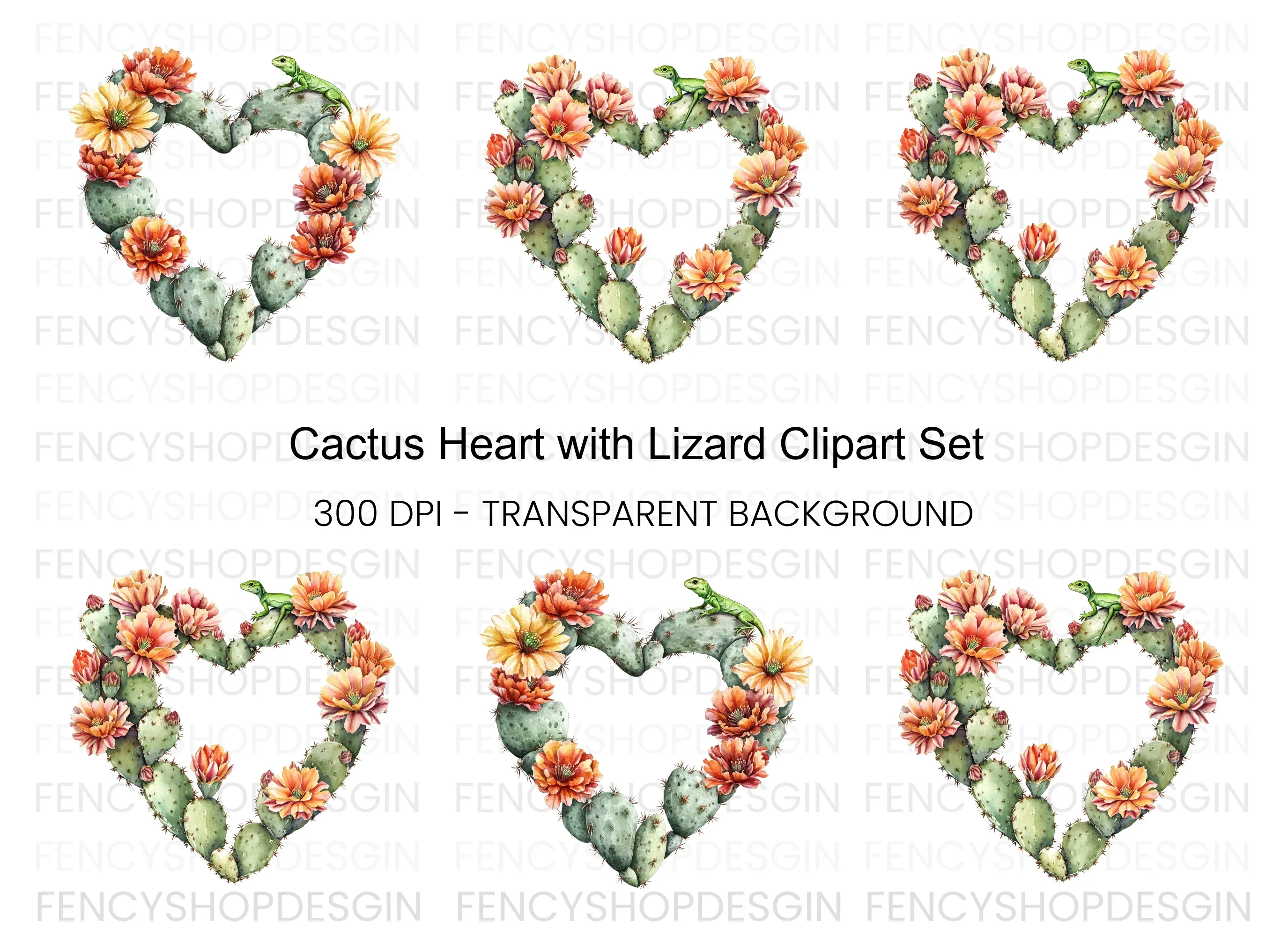 Cactus Heart with Lizard Clipart Bundle