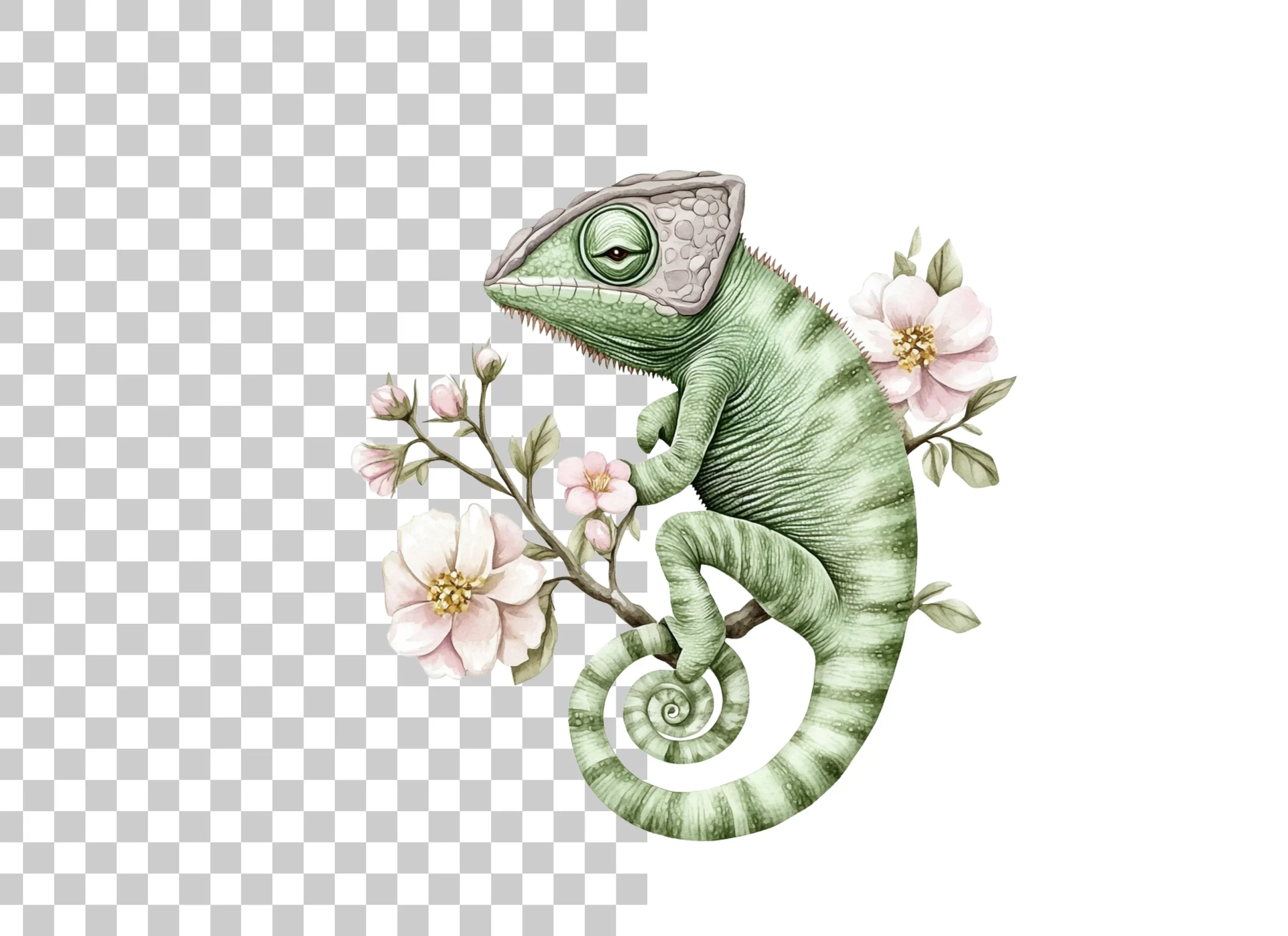 Chameleon on Branch with Pink Flowers Clipart Bundle - Image 2