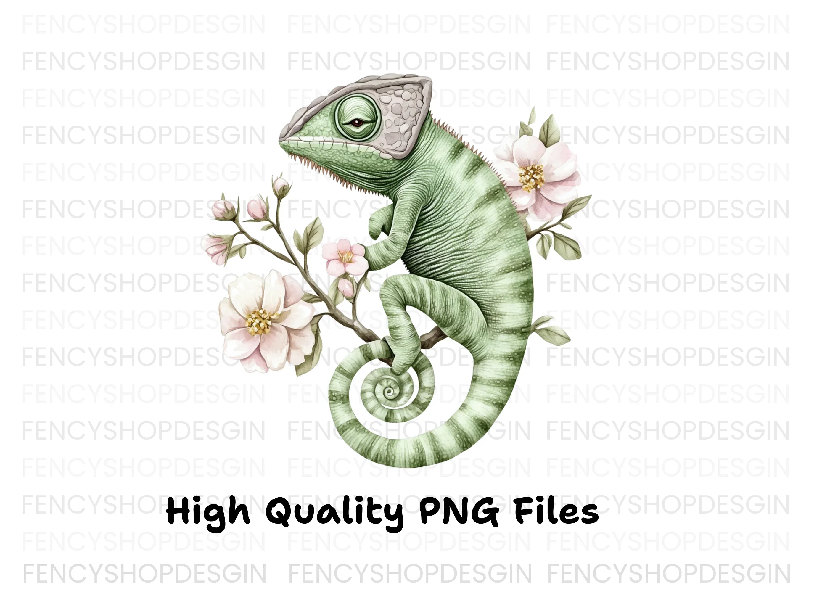 Chameleon on Branch with Pink Flowers Clipart Bundle - Image 3
