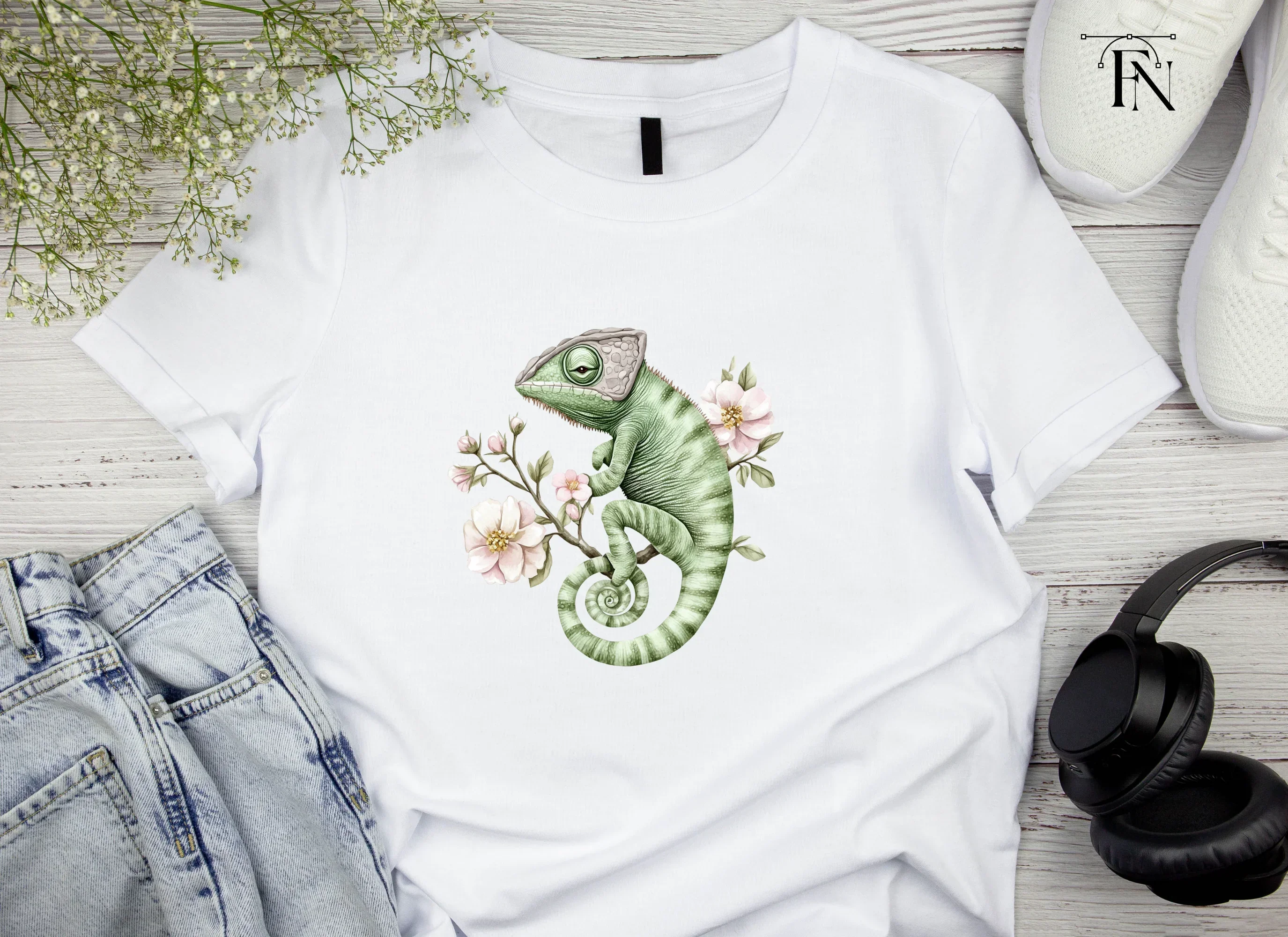 Chameleon on Branch with Pink Flowers Clipart Bundle - Image 4