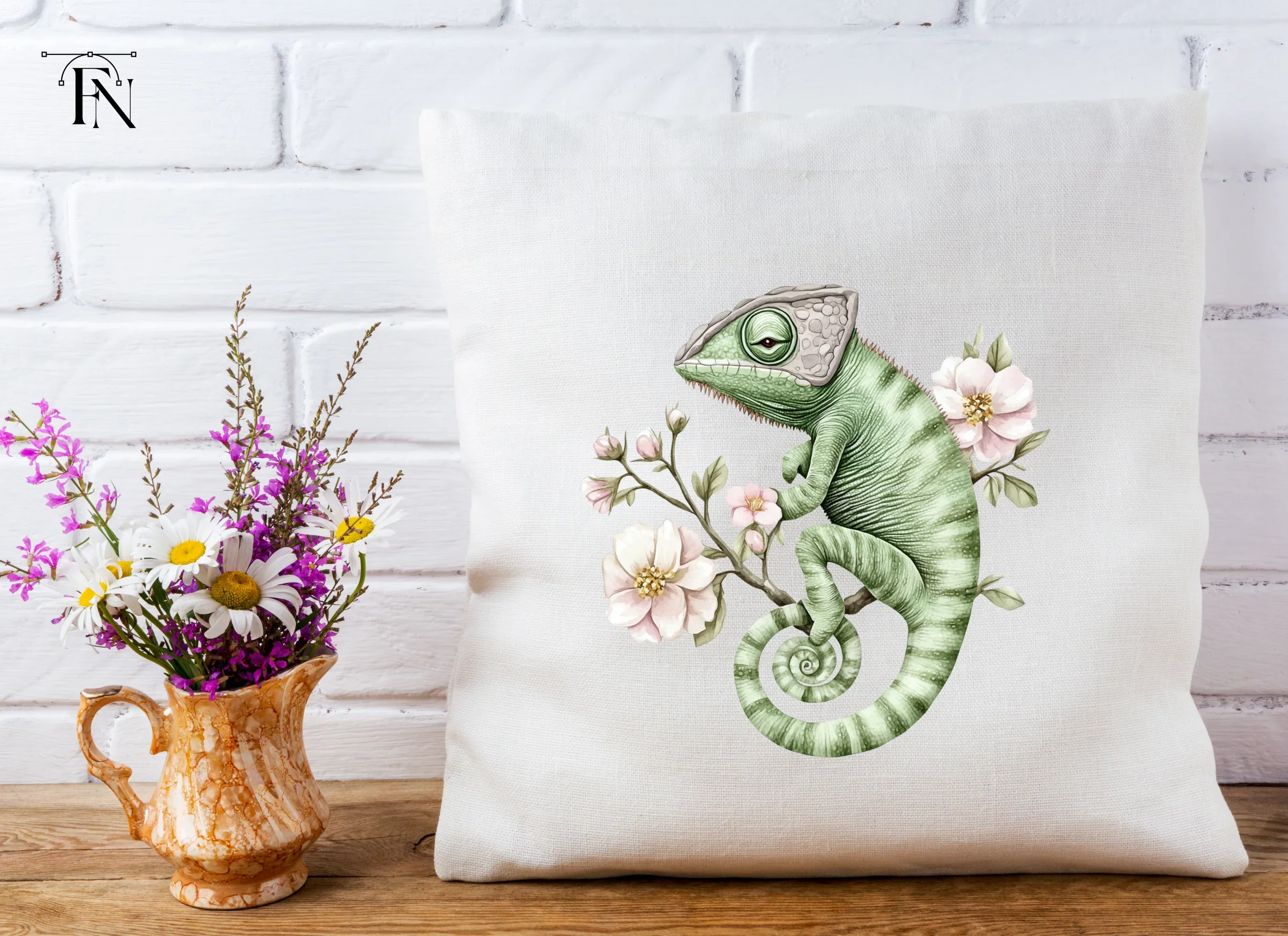 Chameleon on Branch with Pink Flowers Clipart Bundle - Image 5