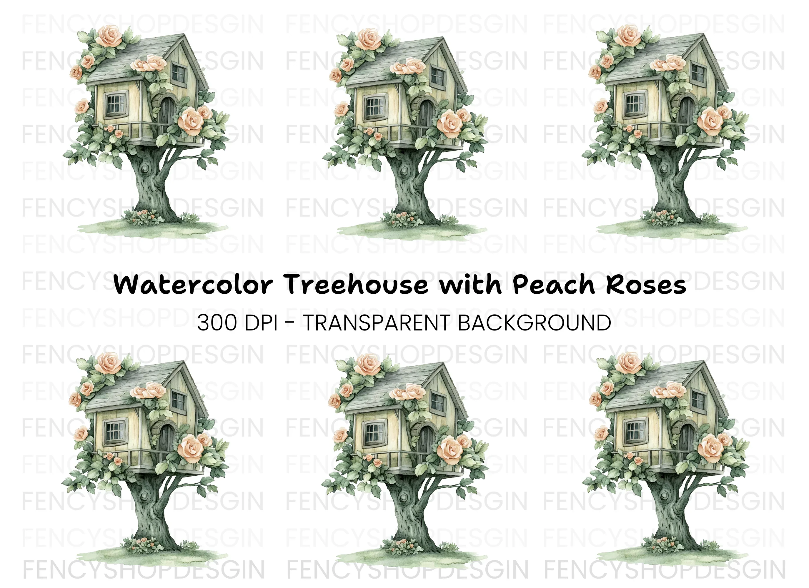 Charming Treehouse with Peach Roses Clipart Bundle