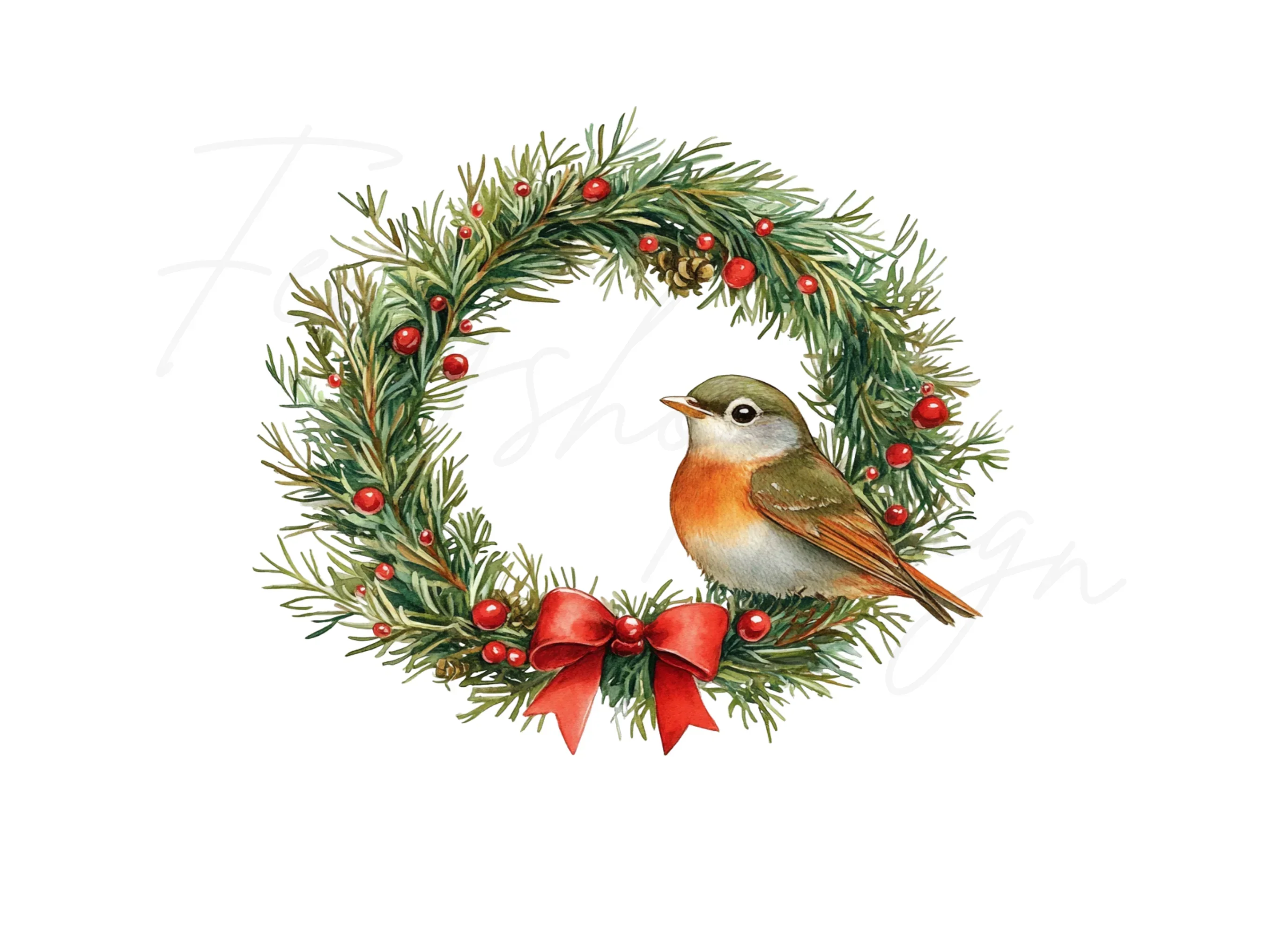 Christmas Bird in Pine Wreath Clipart Bundle - Image 2