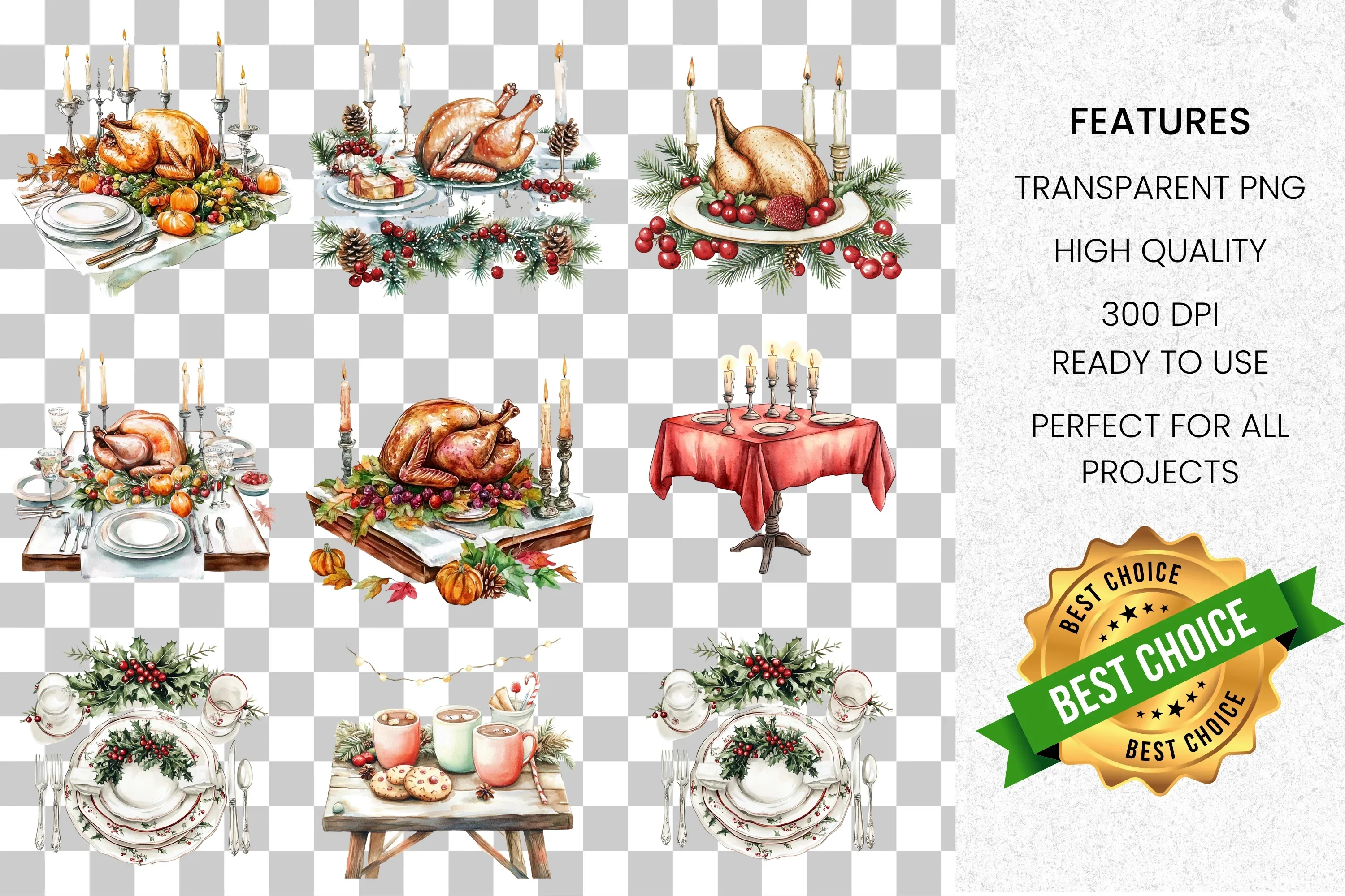Christmas Dinner Table Setting Clipart Bundle - Image 7