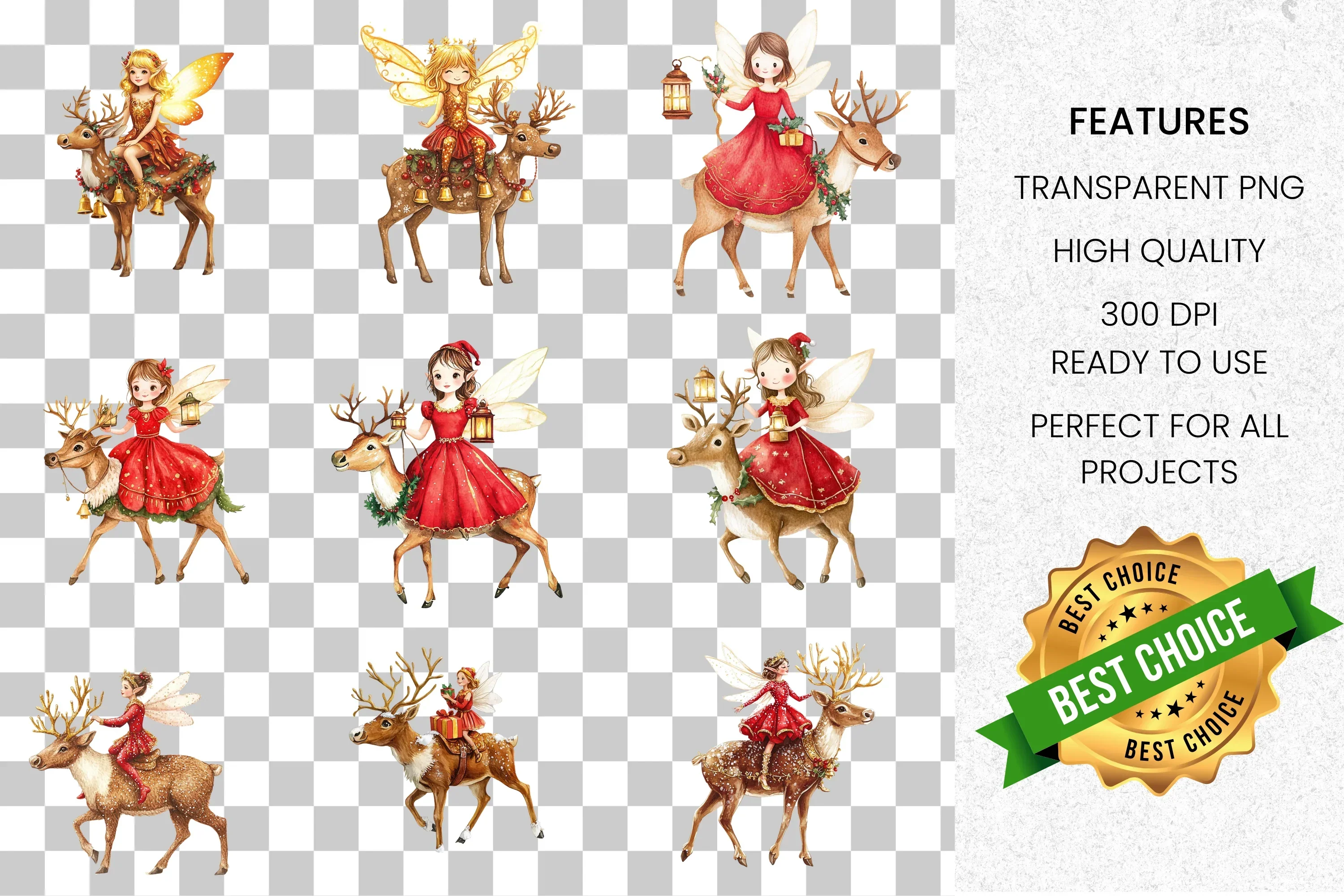 Christmas Fairies Riding Reindeer Clipart Bundle - Image 8