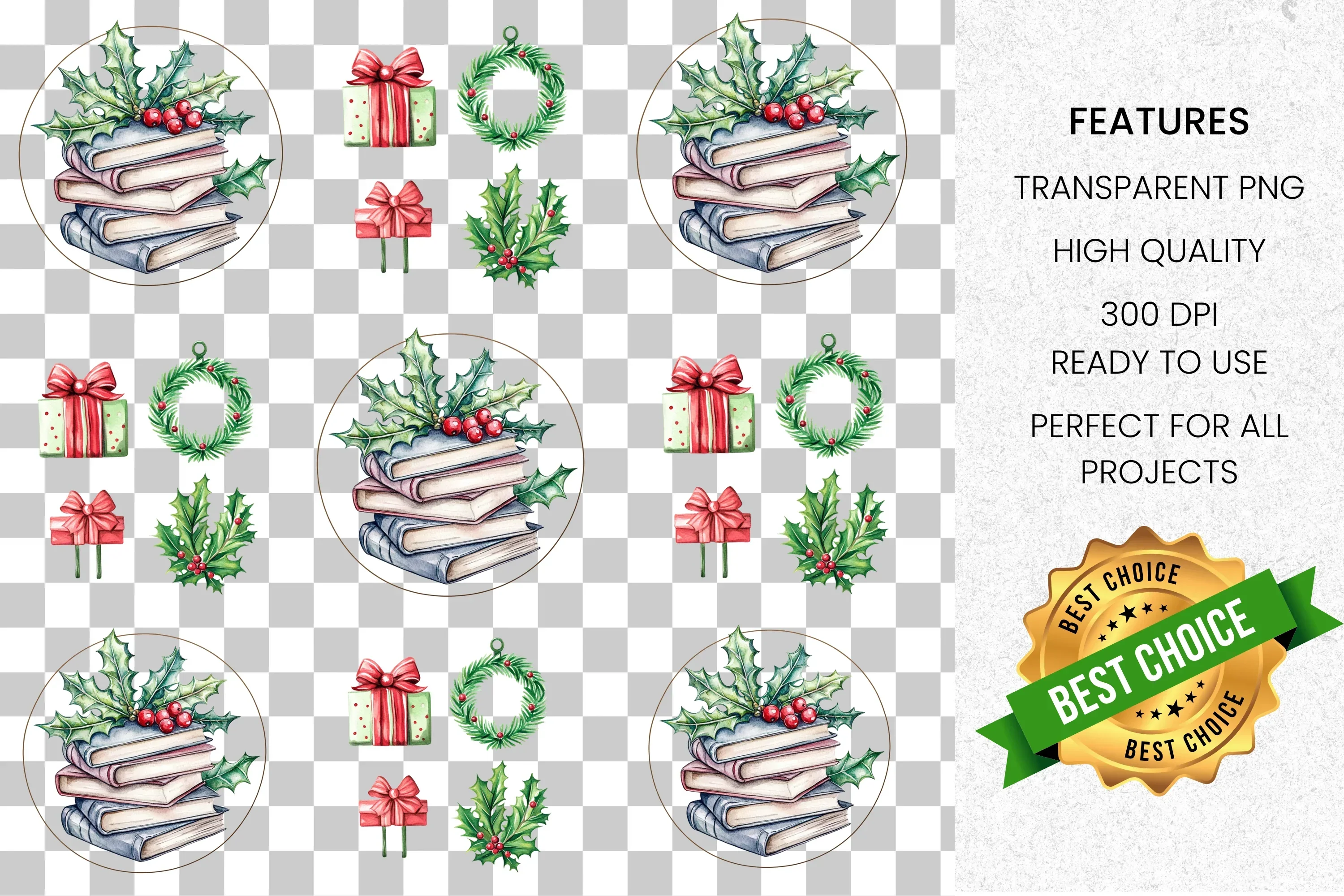 Christmas Holly Books and Gifts Clipart Bundle - Image 2