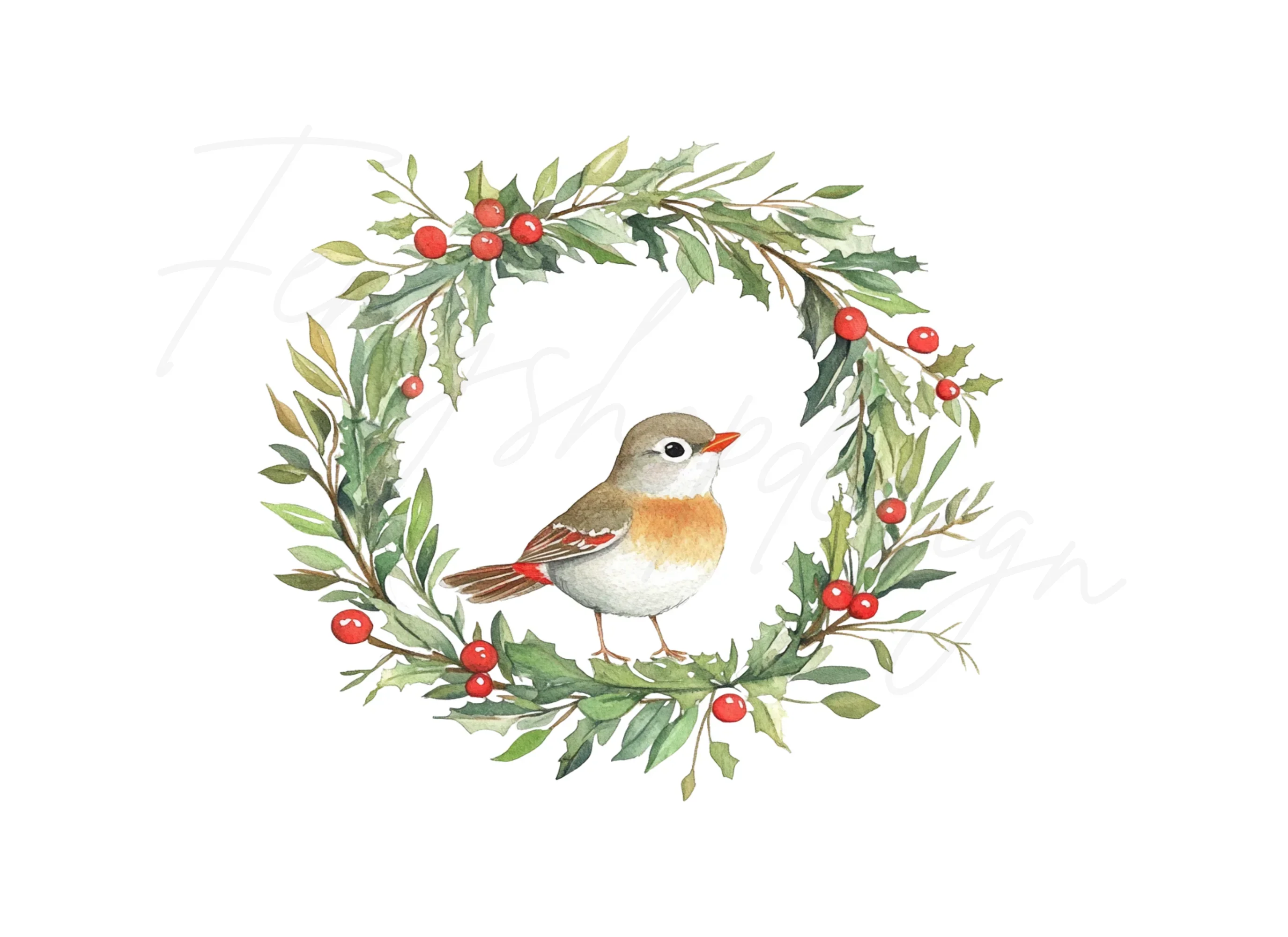 Christmas Holly Wreaths with Birds Clipart Bundle - Image 2