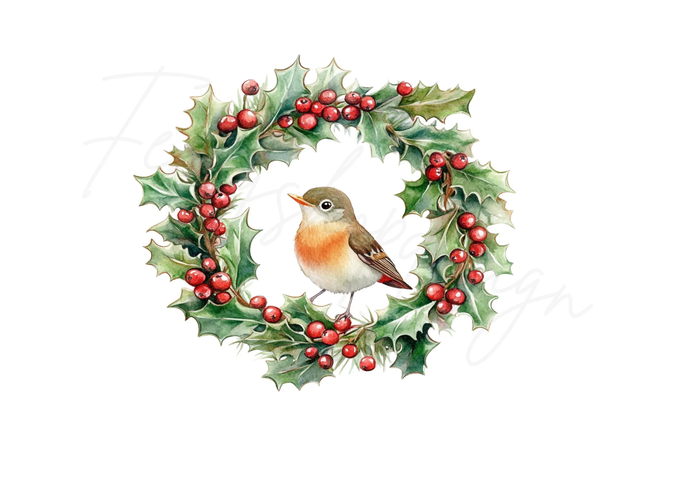 Christmas Holly Wreaths with Birds Clipart Bundle - Image 3