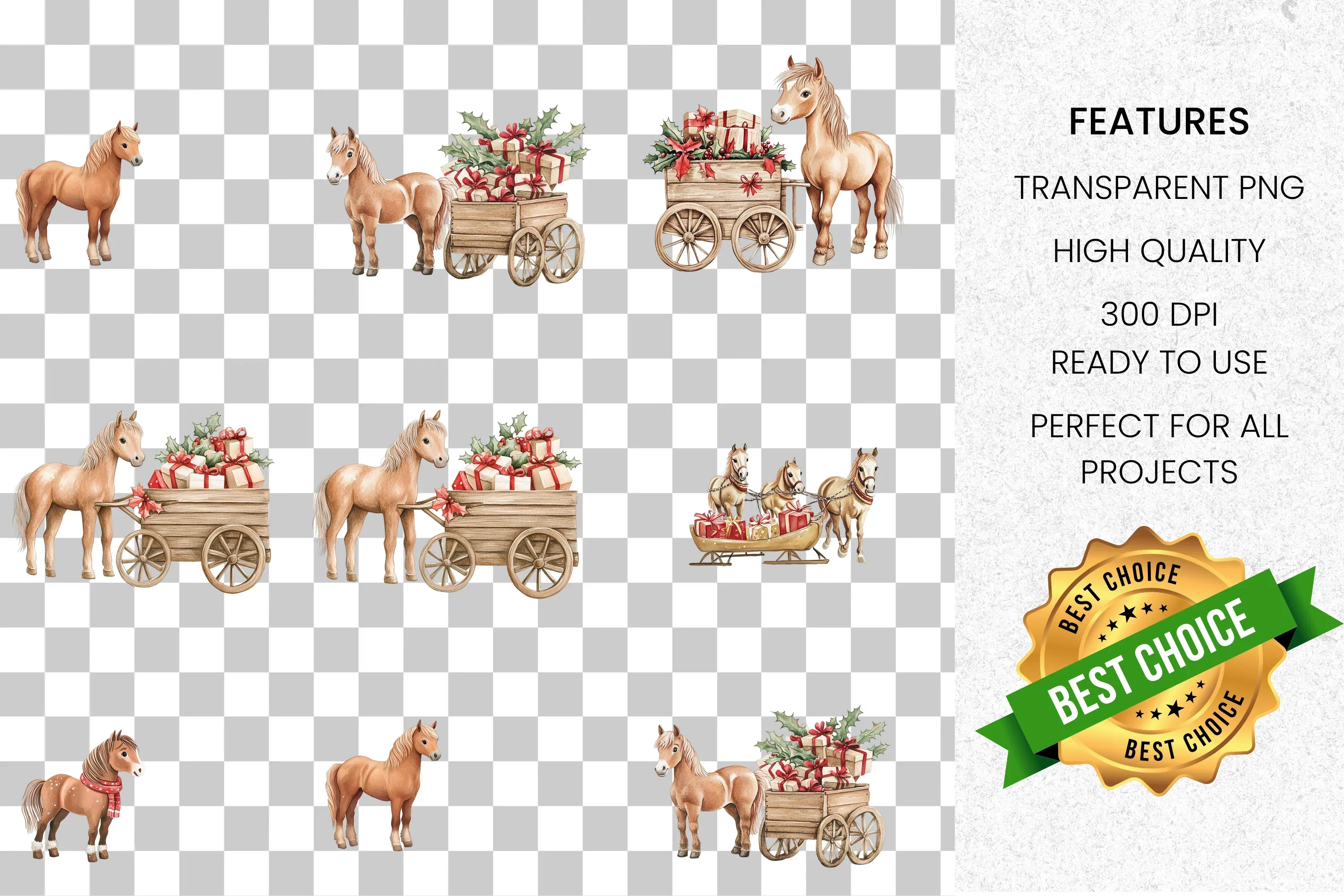 Christmas Horse Cart with Gifts Clipart Bundle - Image 2