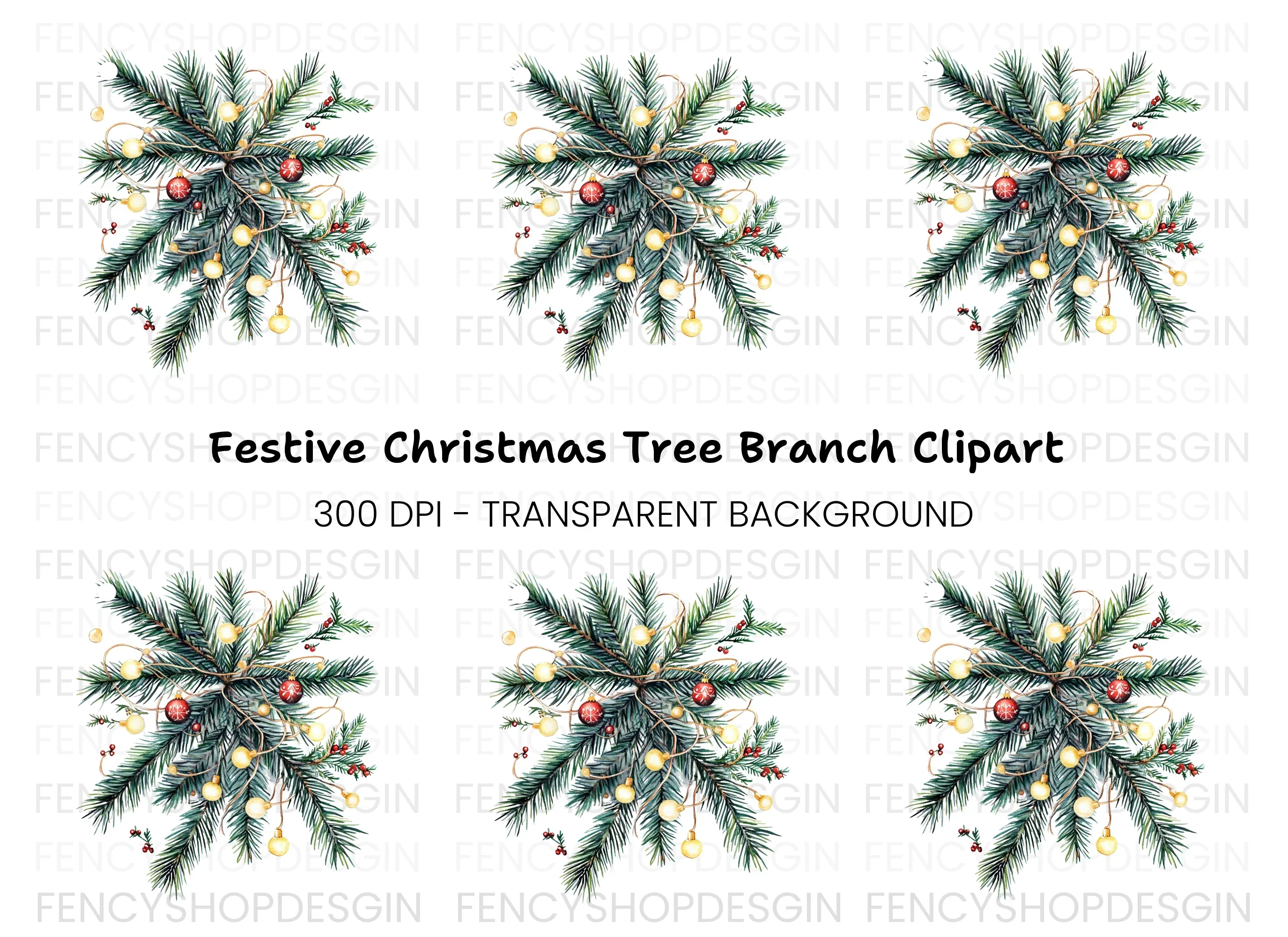 Christmas Pine Branch with Lights Clipart Bundle