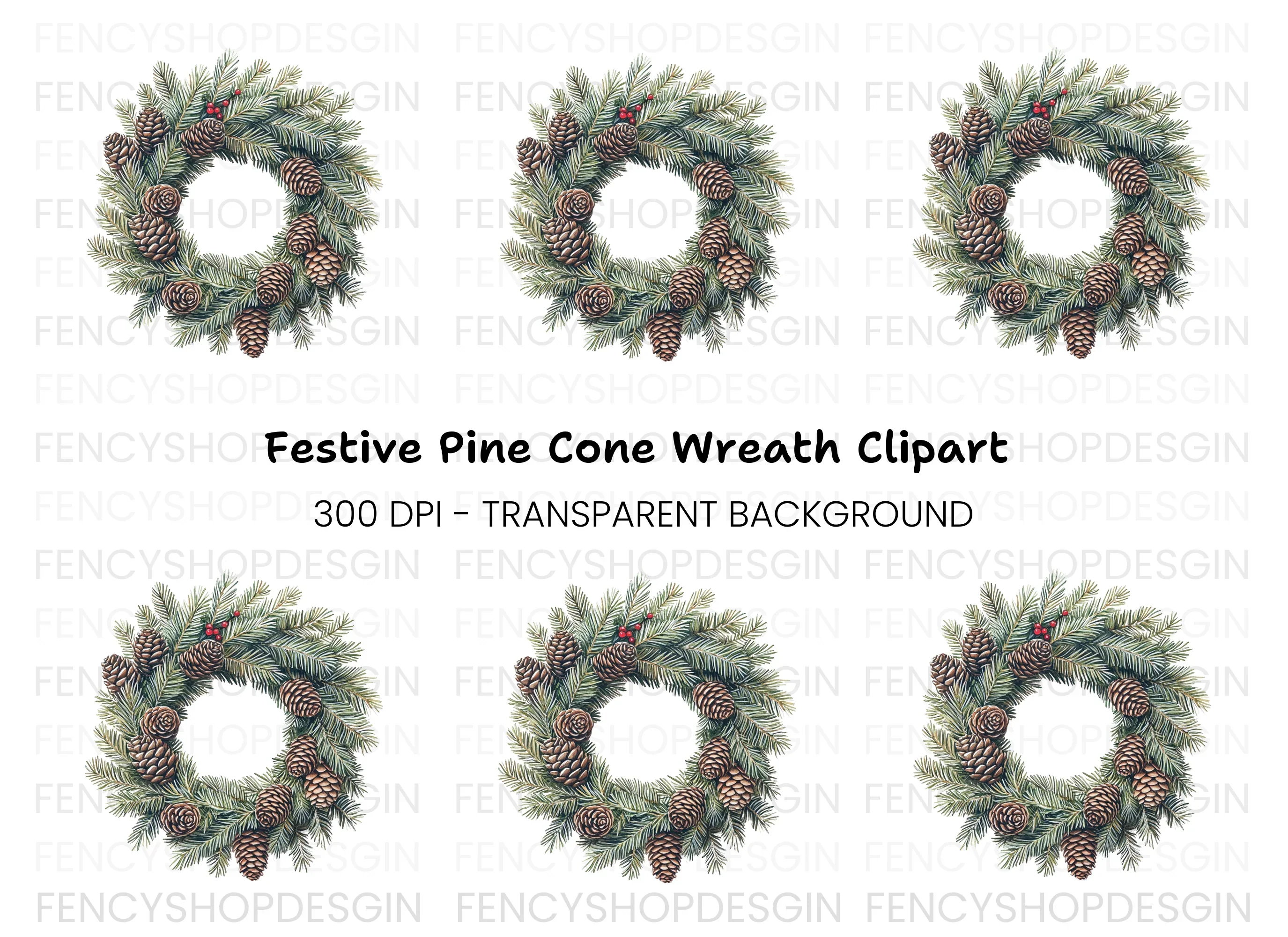 Christmas Pine Cone Wreath Clipart Bundle