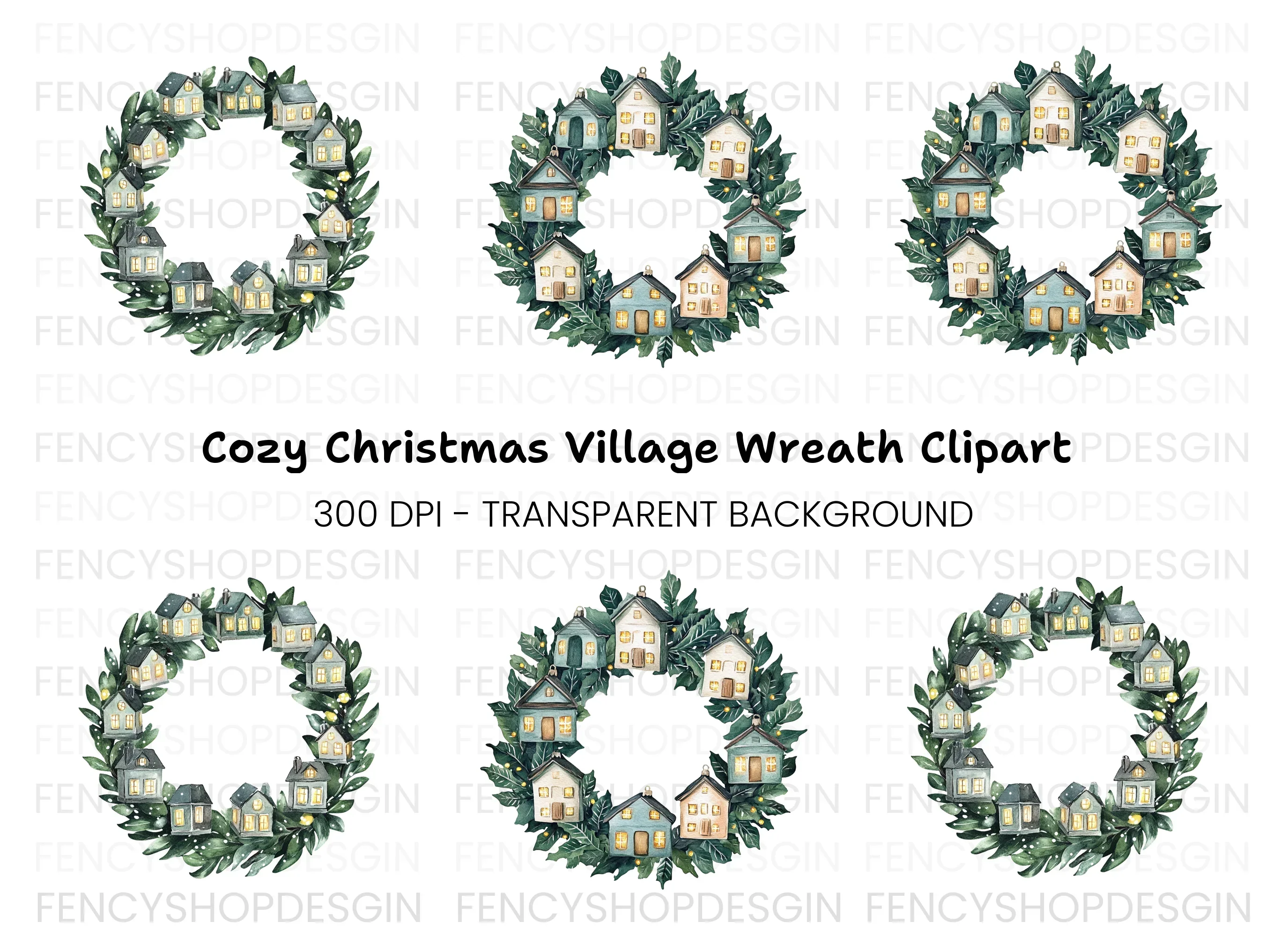 Christmas Village Wreaths Clipart Bundle