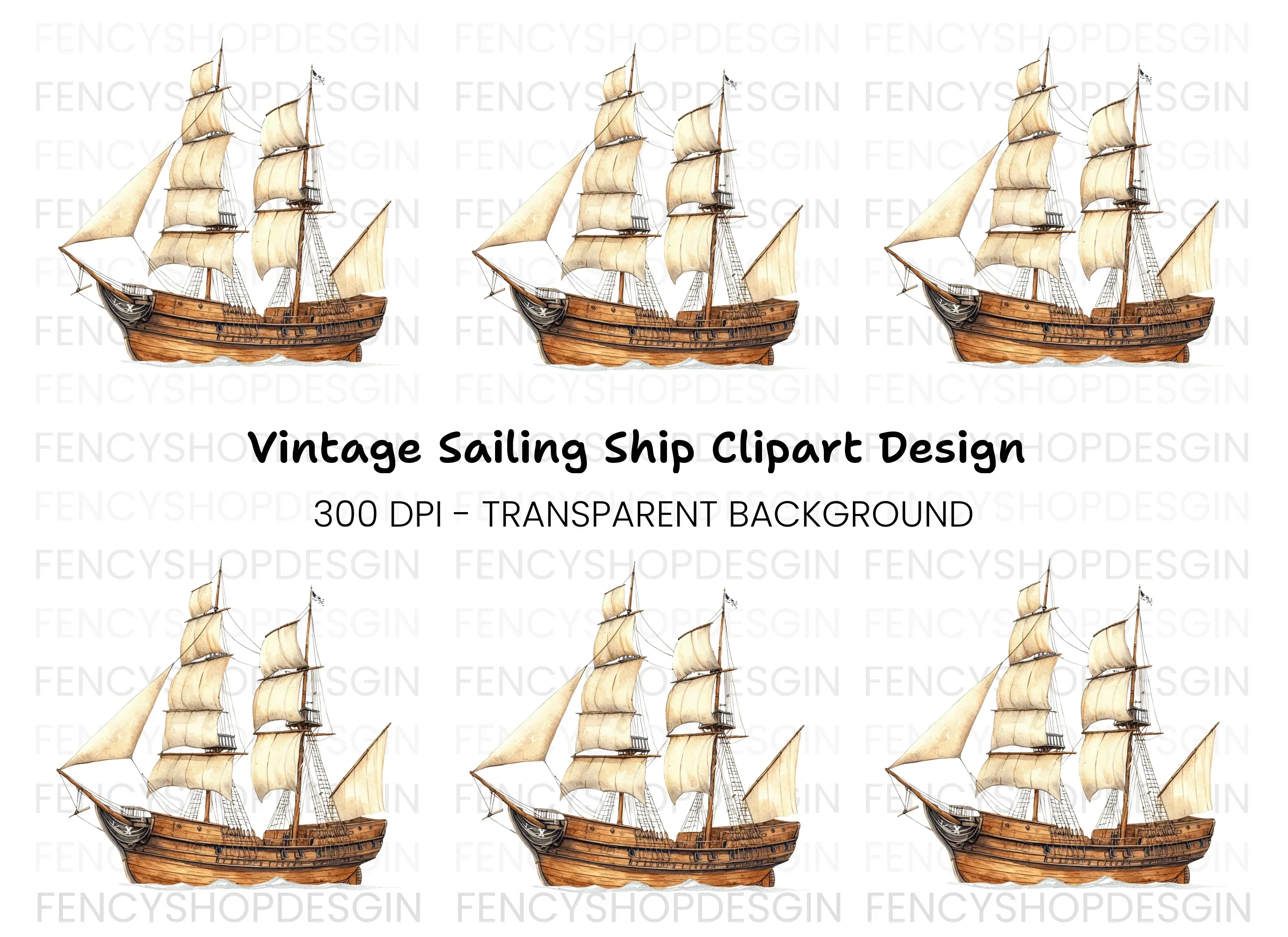 Classic Wooden Sailing Ship Clipart Bundle
