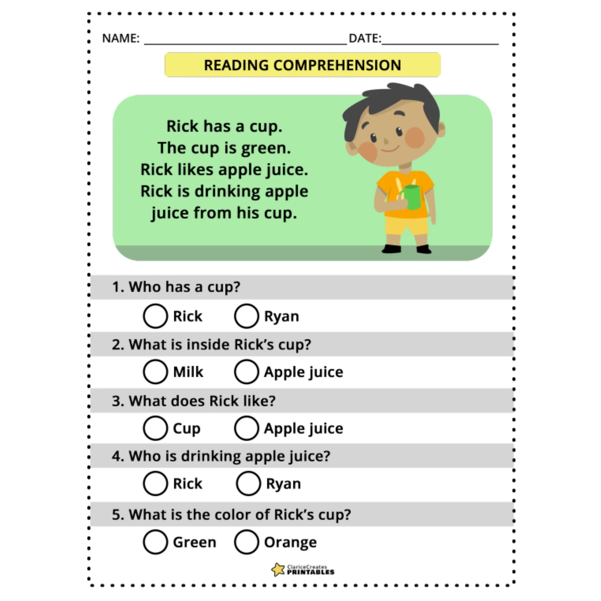 Color and Gender Reading Comprehension Worksheets - Image 3