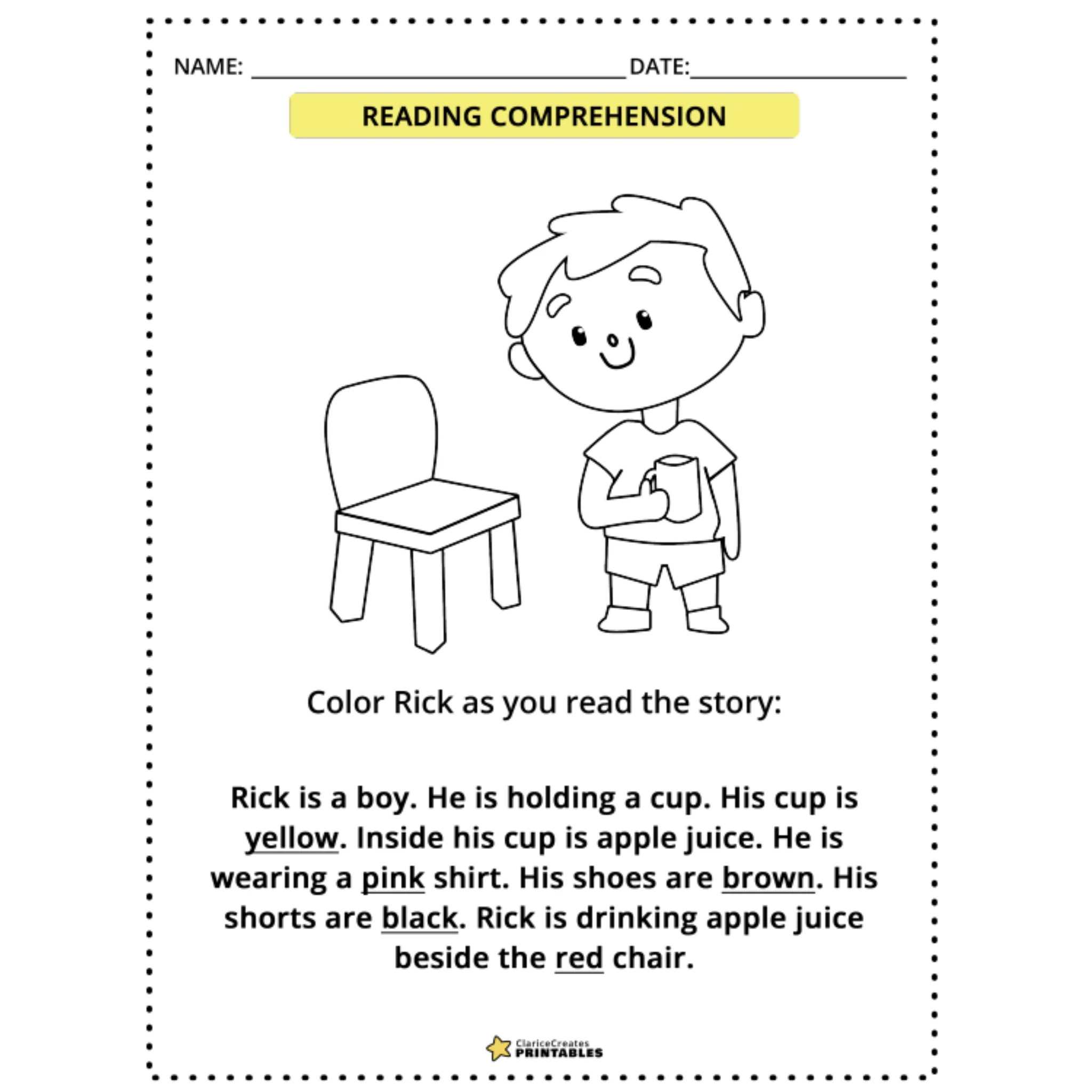 Color and Gender Reading Comprehension Worksheets - Image 4