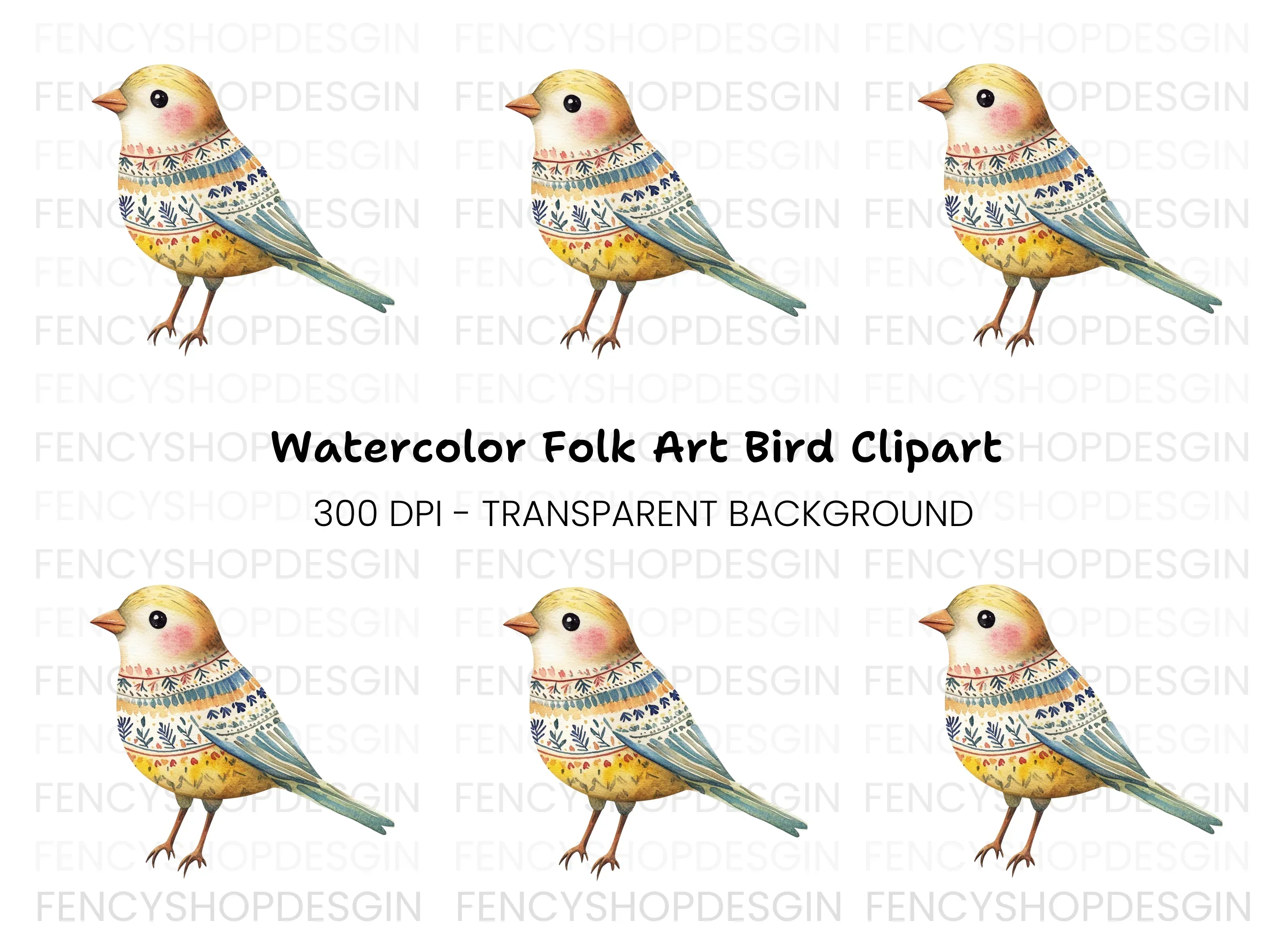 Colorful Folk Bird Clipart Bundle